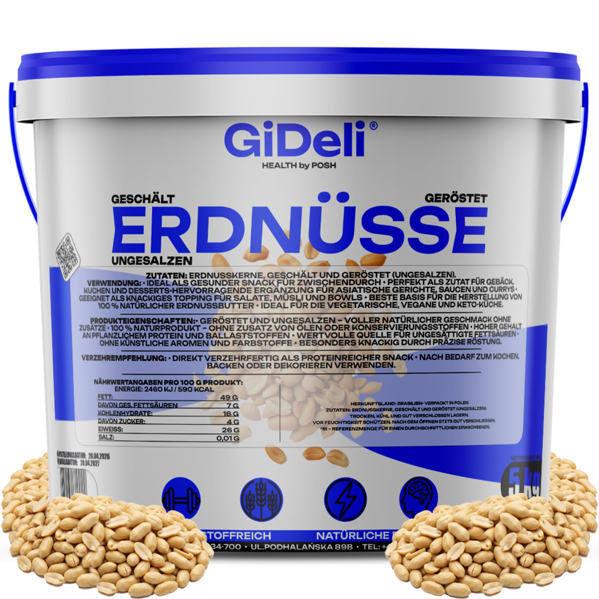 GiDeli Erdnüsse Geröstet ohne Salz und Öl 5kg im Eimer - Großpackung ungesalzener naturbelassener
