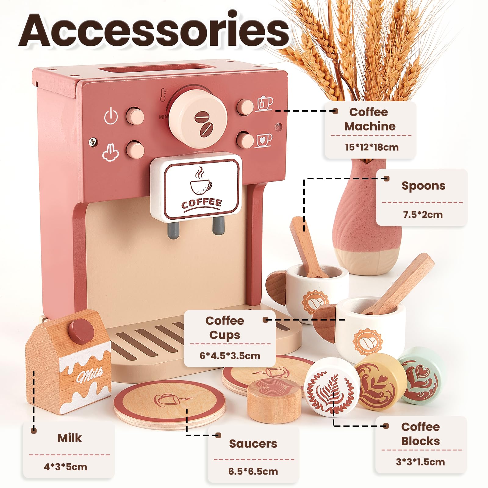 BUYGER Cafetiere Enfant en Bois pour Garçon Fille 3+ Ans, Accessoire Dinettes Cuisine, Machine à Café Jouet de Cuisine Enfant Cadeau de Jeu de Rôle Éducatif pour Garcon Fille