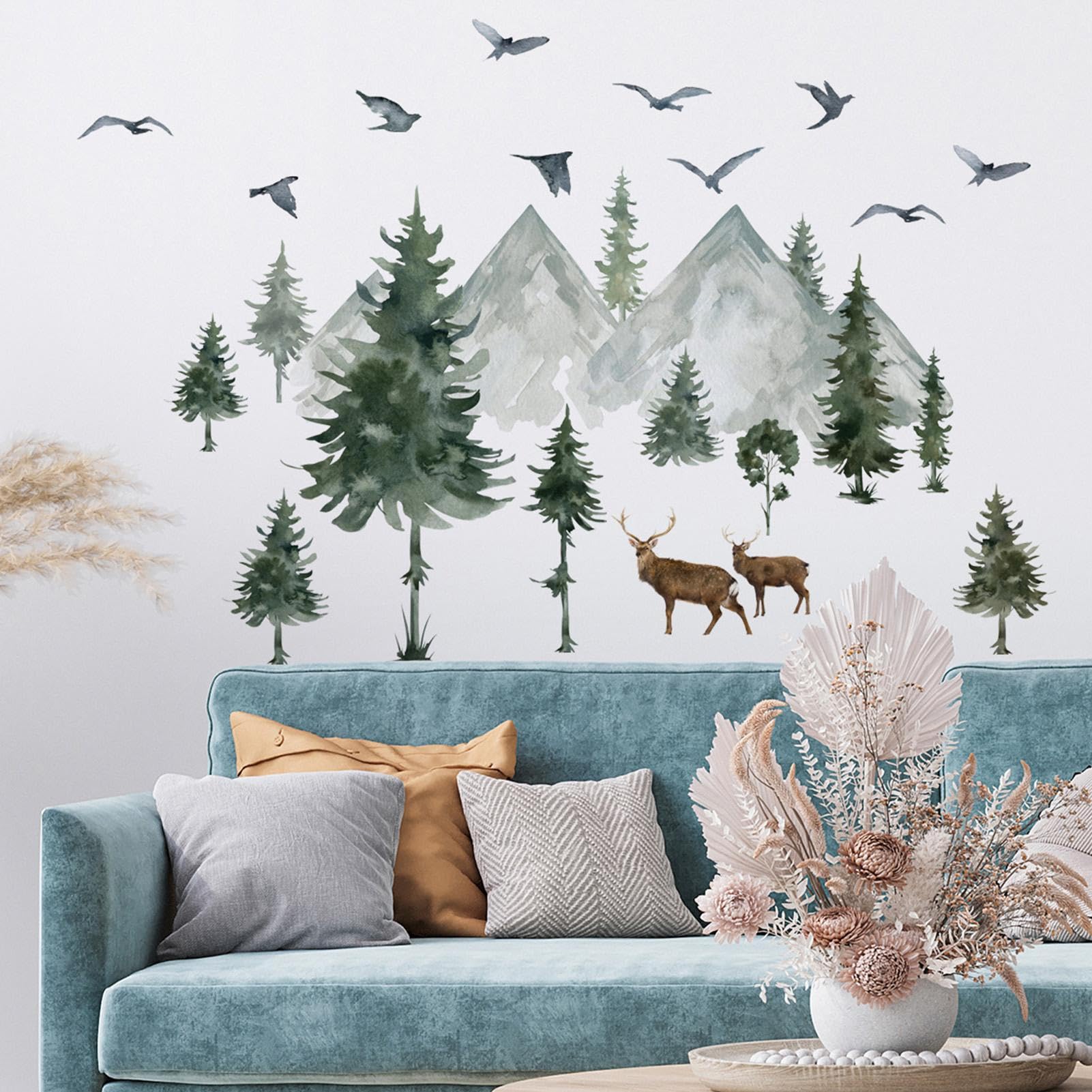milaosk Adesivi Murali Grande Adesivo Murale Cinese Feng Shui a Inchiostro Gru Albero di Fiori Montagna Sole Adesivi da Parete per Camera da Letto Soggiorno