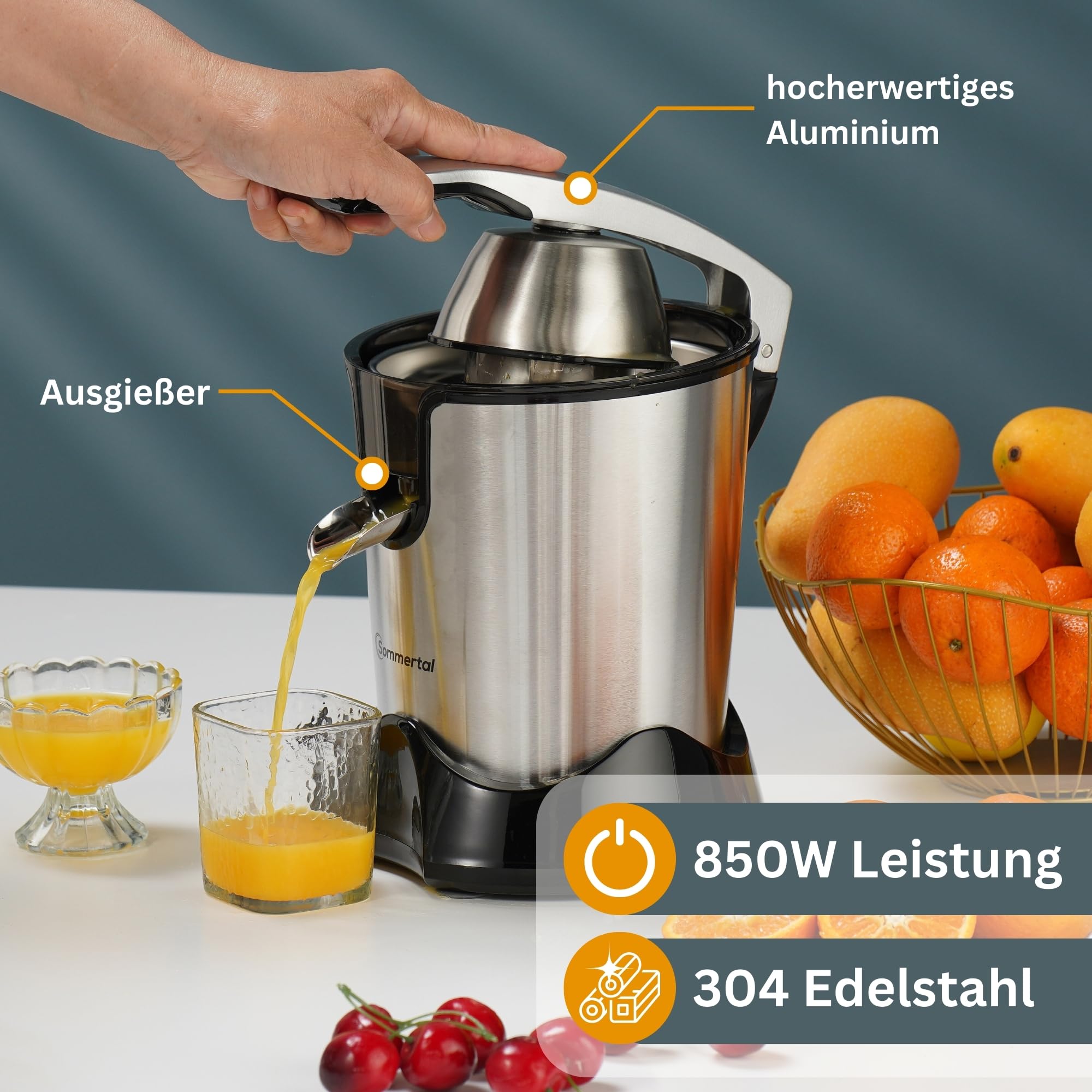 Sommertal CP850 Saftpresse elektrisch, 850W Motor, hohe Saftausbeute, Edelstahl, BPA-frei, 400ml Saftbehälter, 2 Kegel, Zitronenpresse, Orangenpresse, Zitruspresse elektrisch, Hebel & Handbetrieb