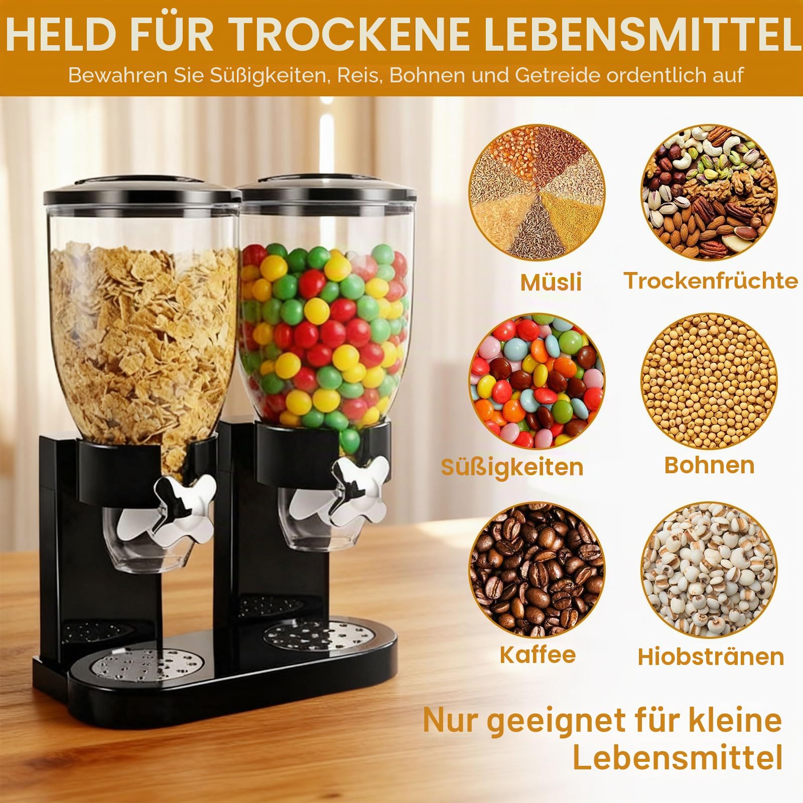 Cereal Dispenser 2L, Dreifacher Müsli Verteiler für die Arbeitsplatte, Müslispender 3er Set Luftdichte Behälter für Müsli, Reis, Körner, Süßigkeiten, Kaffebohnen