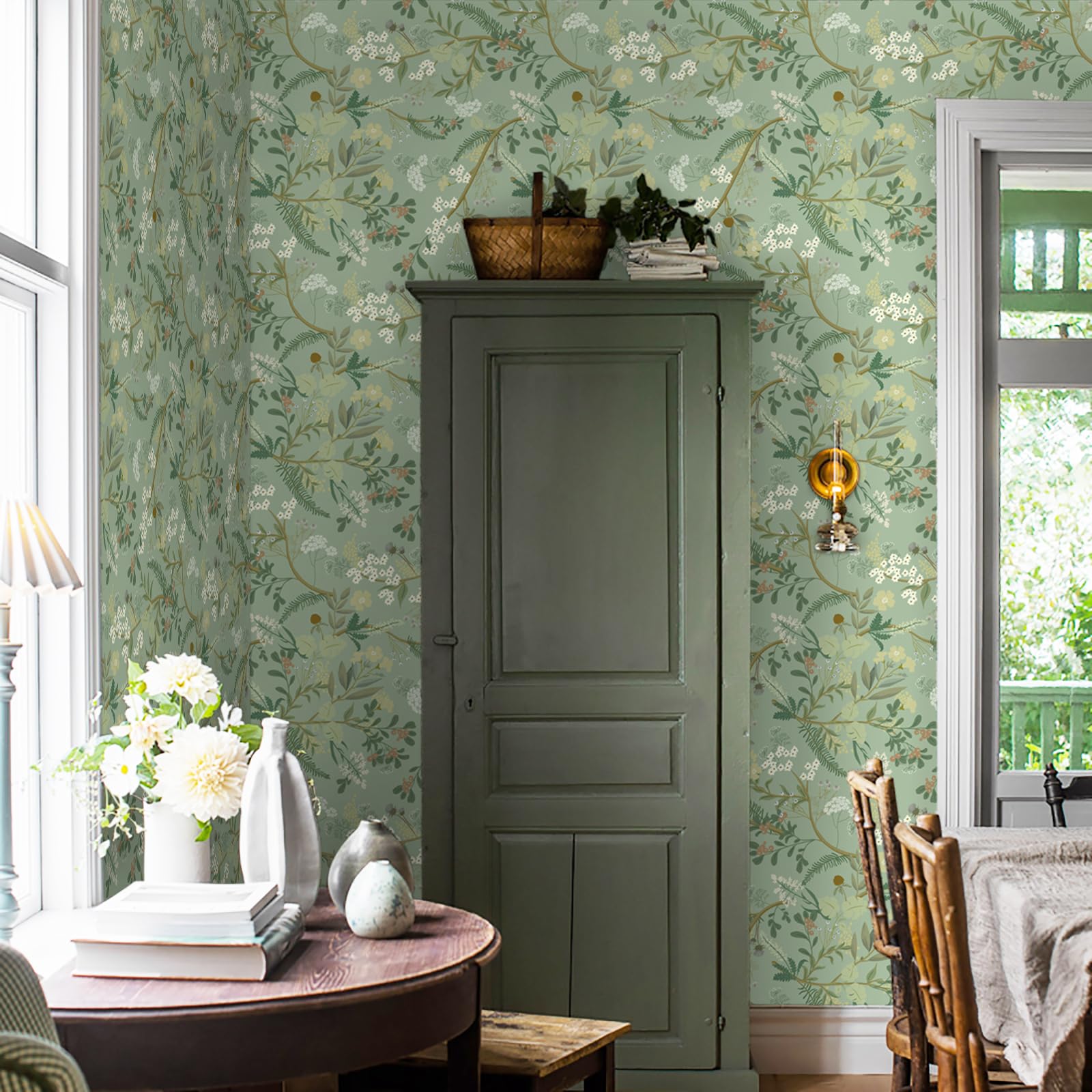 CiCiwind Papel pintado autoadhesivo verde con flores, 40×600cm, impermeable, lámina adhesiva para muebles, autoadhesivo, verde claro, desmontable, revestimiento de pared autoadhesivo, para armarios
