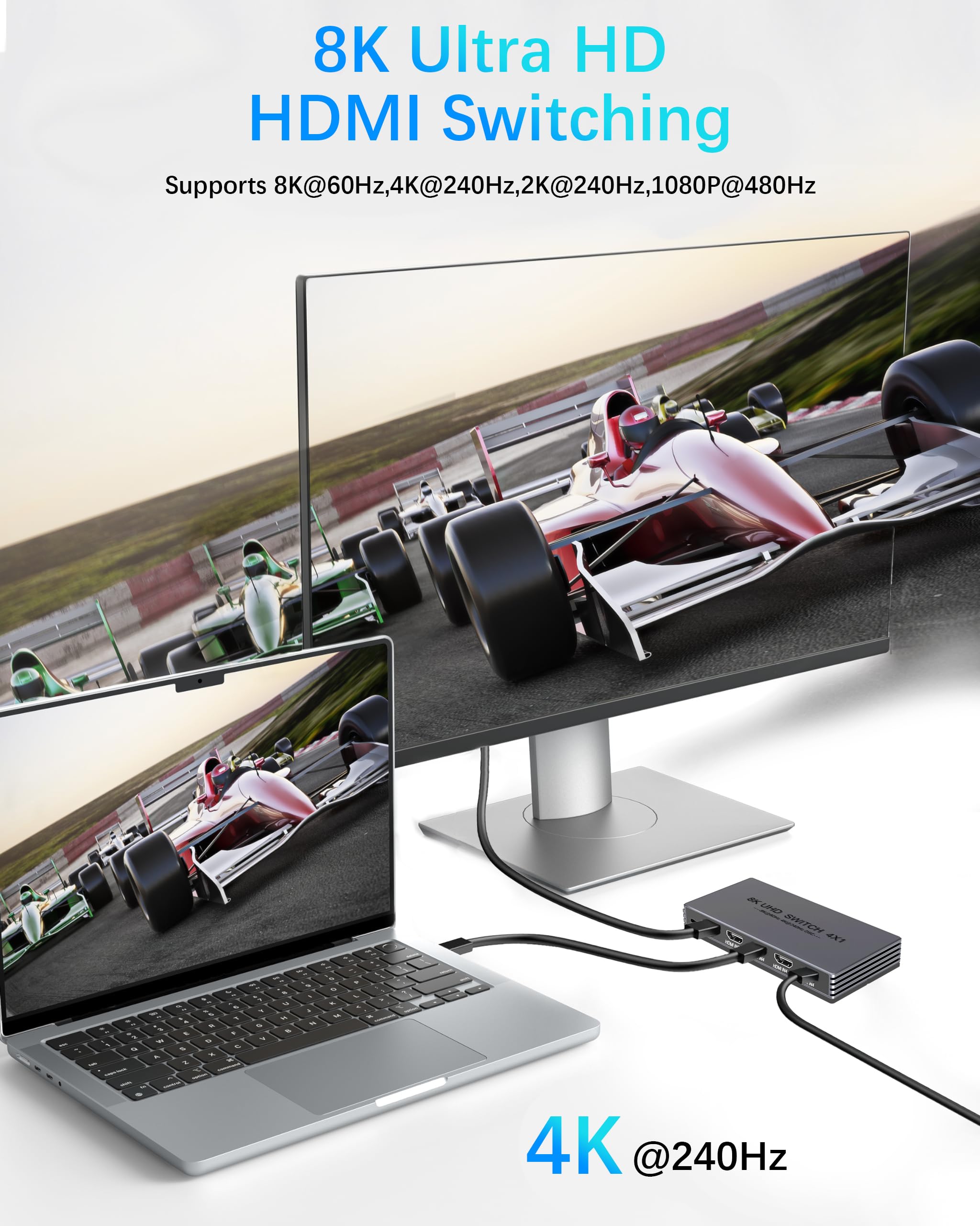8K HDMI 2.1 Splitter 4 in 1 Out - 8K@60Hz, 4K@240Hz/144Hz/120Hz HDMI Switcher 4 Eingabe 1 Ausgabe – 4 Port Umschalter mit Remote Unterstützt HDR10+/HDCP2.3, für PS5/4/3 Roku Fire Stick TV Xbox