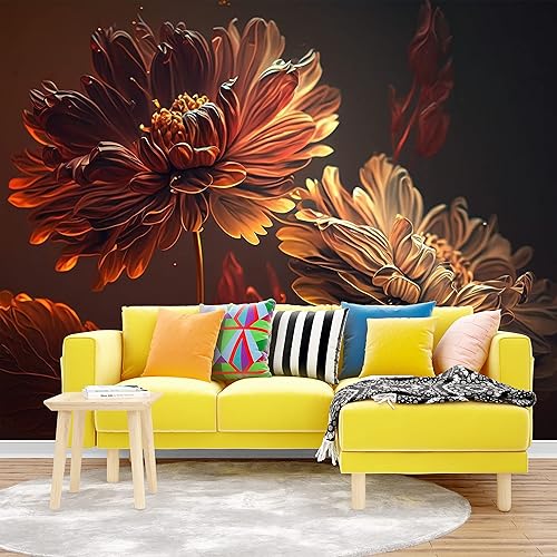 Miniatura 6 de DEKOROS.COM Papel tapiz con estampado de flores de crisantemo sobre fondo oscuro, diseño floral audaz y elegante para un interior llamativo del