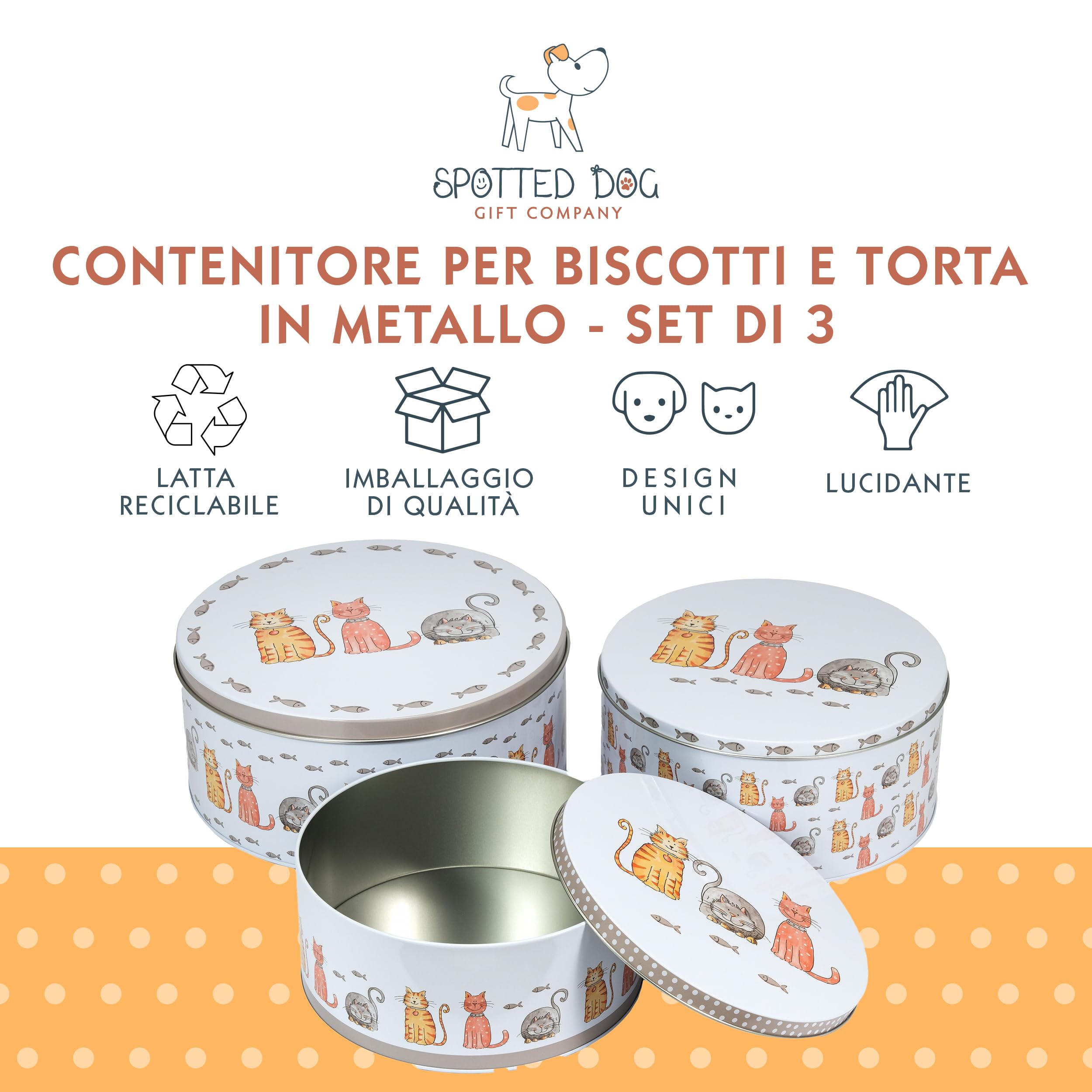 SPOTTED DOG GIFT COMPANY Set di 3 Scatole di Latta, Contenitori Impilabili per Biscotti in Metallo, Barattoli di Latta Rotondi Ermetici per Conservare Torte e Alimenti, Piccoli Medi Grandi - Gatti