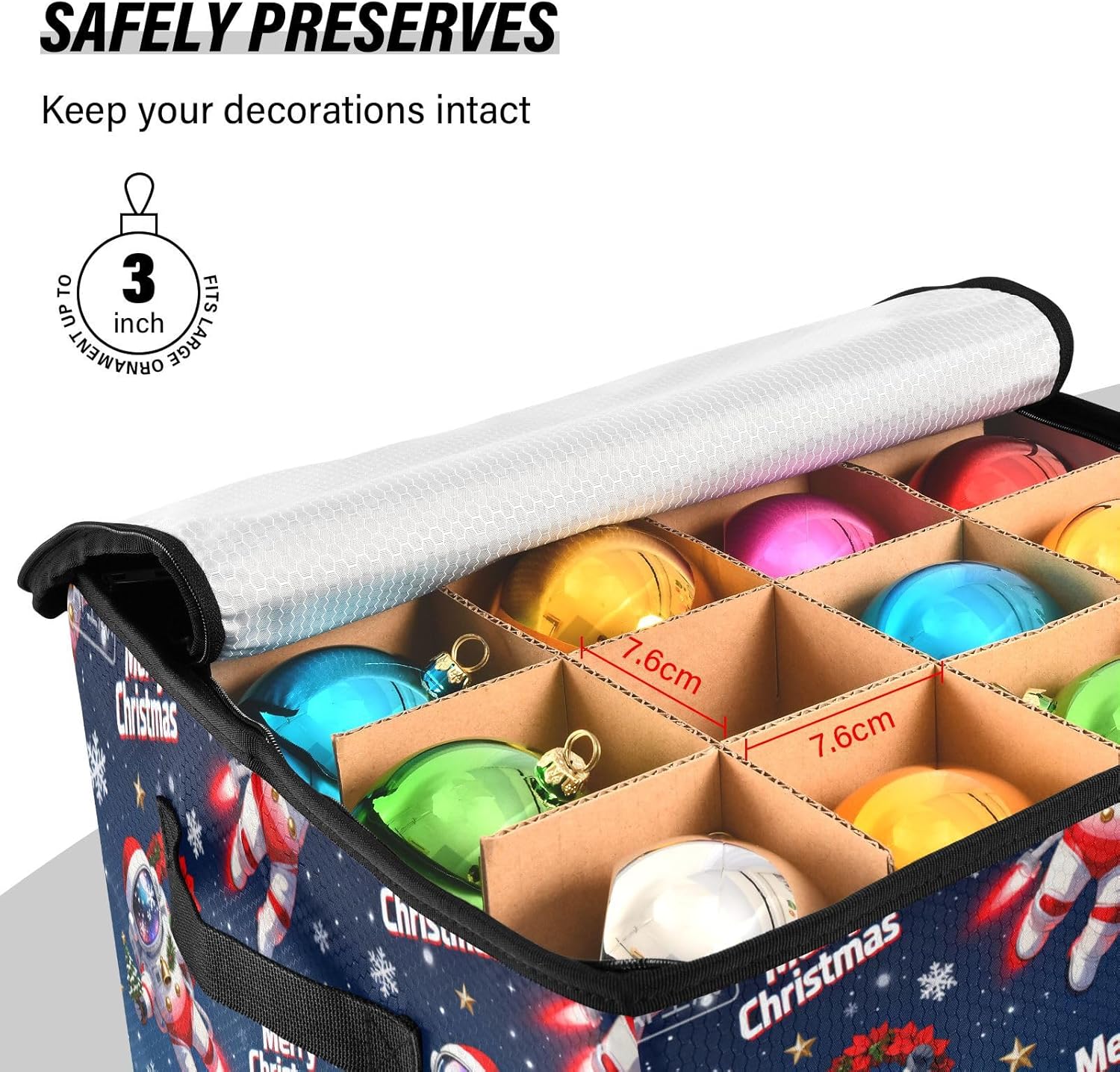 High Capacity Christmas ornament storage containers Holds Up to 64, Adjustable Dividers, Zippered Top, Two Handles sturdy Holiday Storage Case with Lid,Merry Christmas Red Astronaut