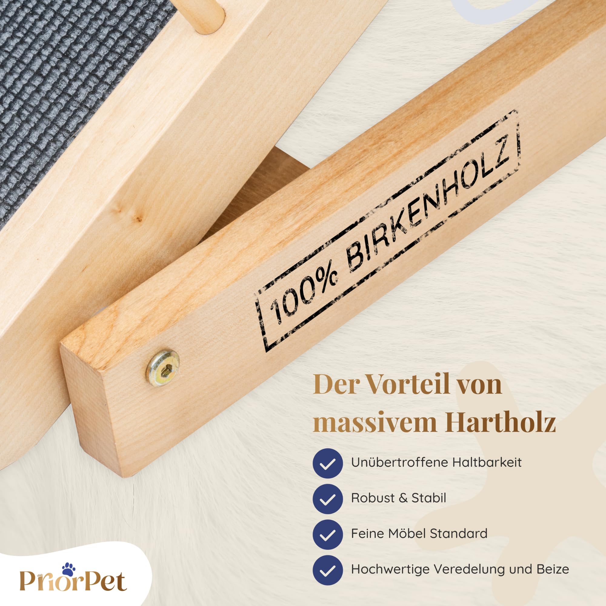 Hunderampe Bett PRIORPET aus Birkenholz mit Sicherheitsgeländer - Höhenverstellbare hundetreppe für Betten bis zu 94.5cm - Klappbar - Anti-Rutsch-Griff - Für kleine Hunde bis zu 23kg - Naturel
