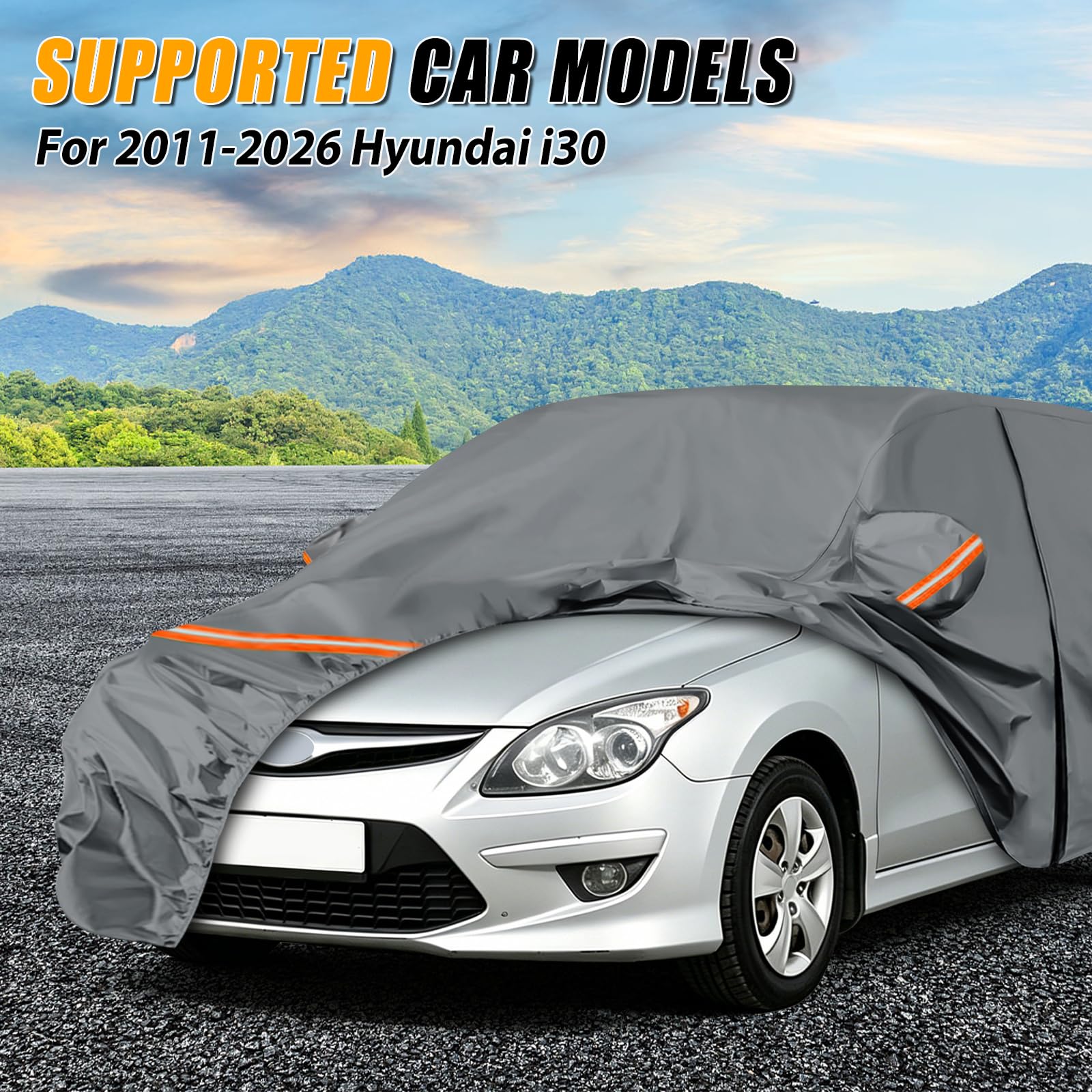 Housse de voiture imperméable pour Hyundai i30 i30 N Hatchback/Fastback 2011-2026 - Bâche de protection complète pour voiture - Toutes saisons - Housse extérieure avec fermeture éclair - Bandes