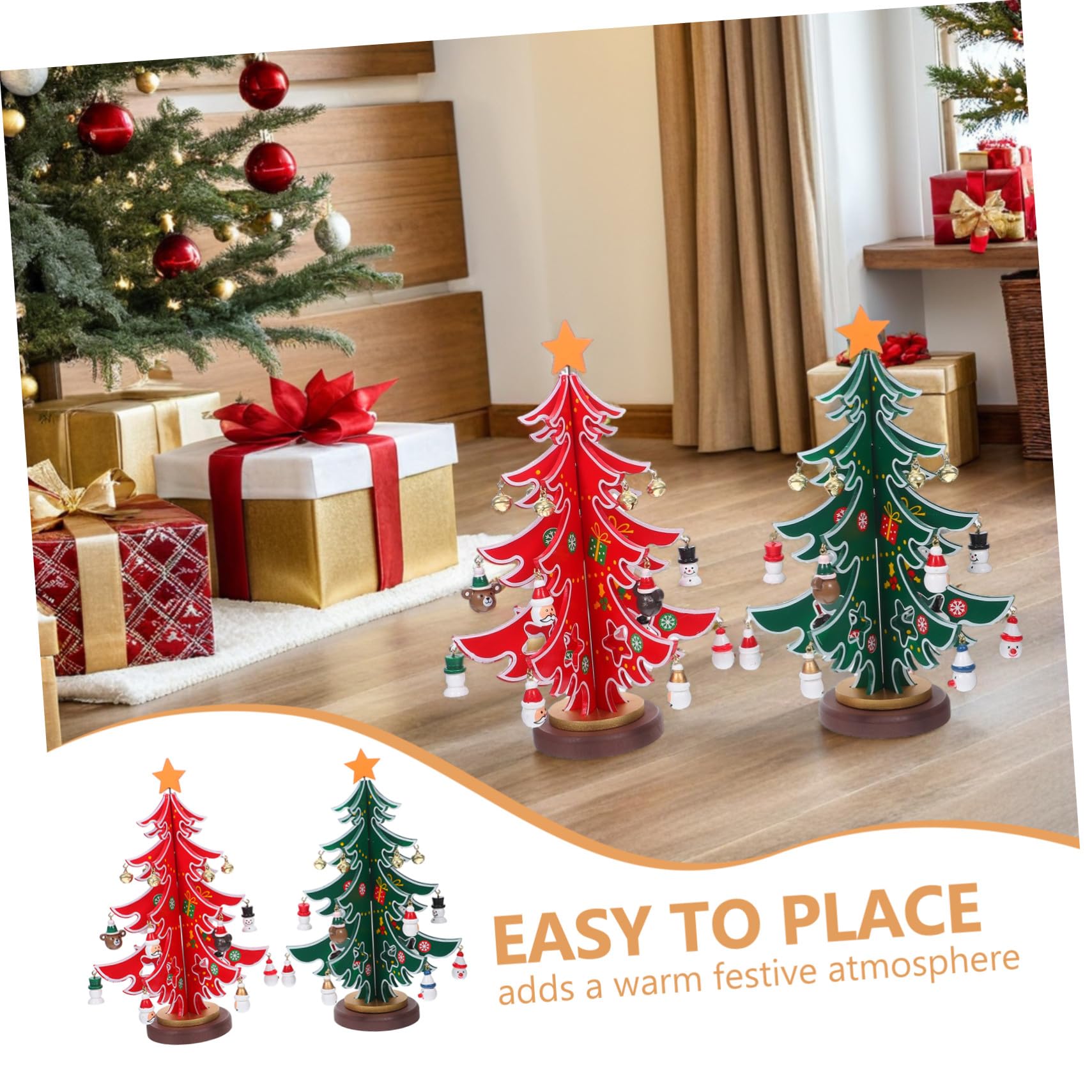 2 Piezas Mini Árbol de Navidad de Madera con Adornos Decoración de Mesa para Fiesta Navideña Centro de Mesa Festivo Diseño Artesanal Detallado y Natural