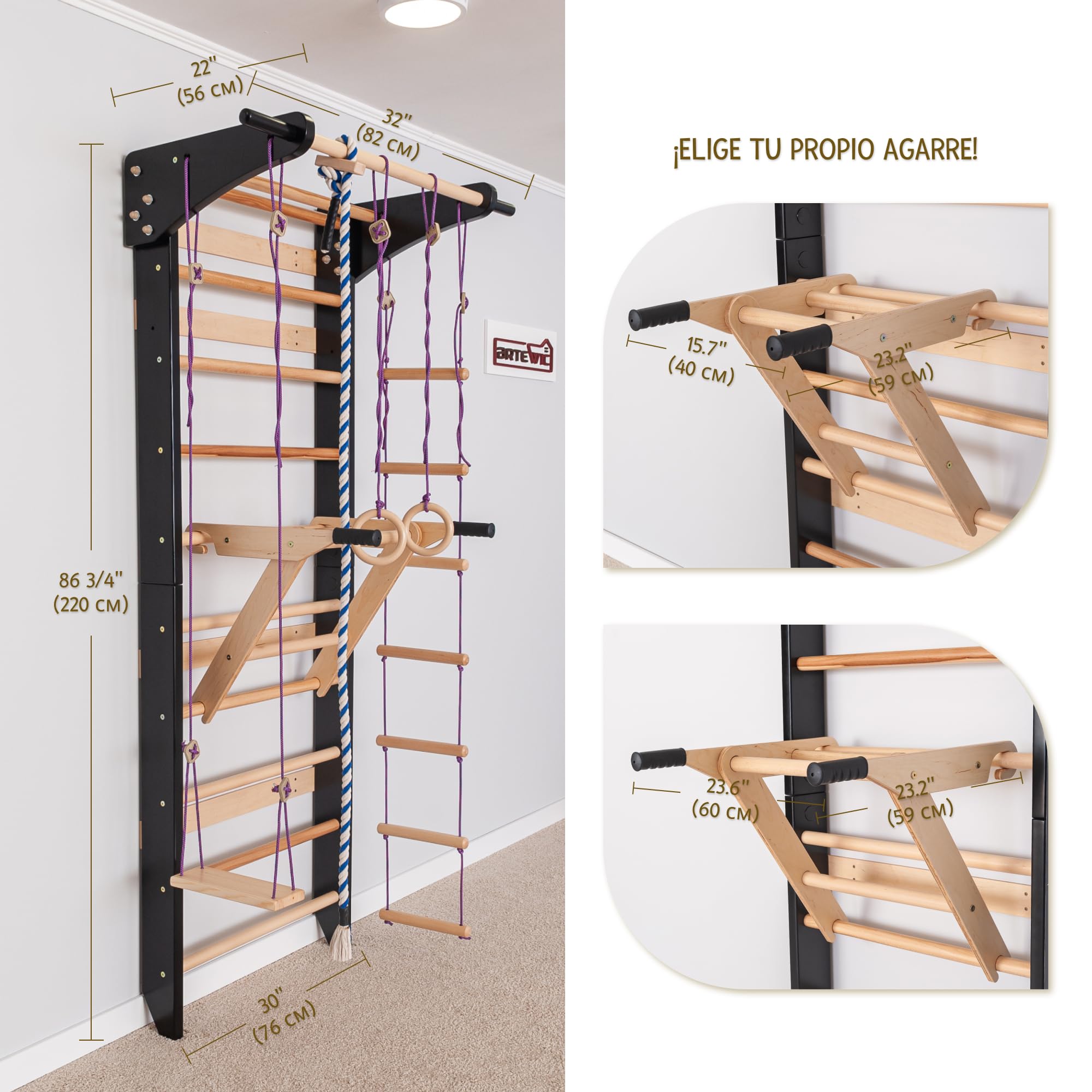 Scala svedese nera con barre parallele per bambini e adulti - Parete da arrampicata in legno, attrezzatura fitness multifunzione con tetto, anelli, scala, altalena e prese per dip strette