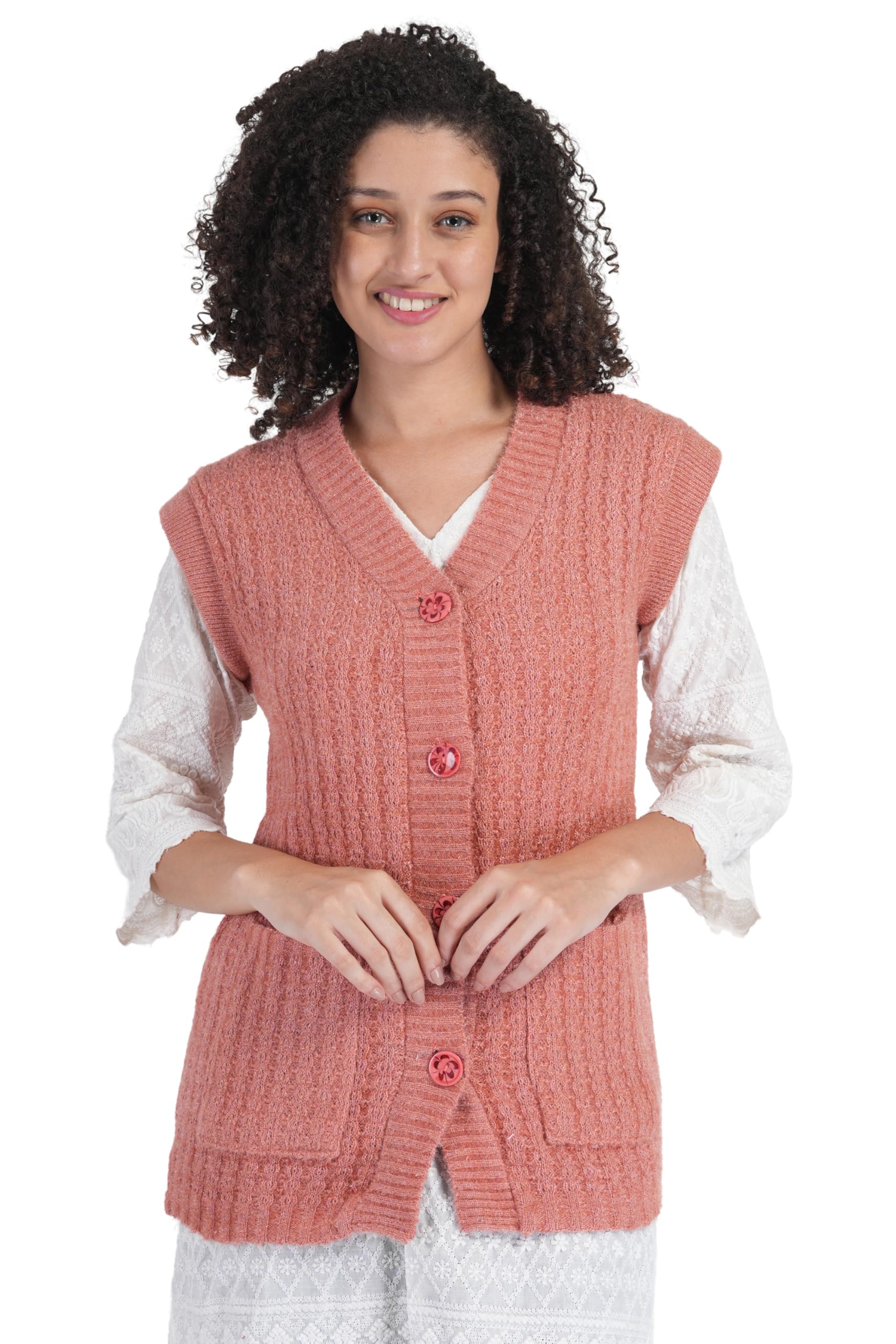 Women's Woolen V-Neck Buttoned Sleeveless Cardigan Self Design Soft Wool Fabric Winter Wear Pure Wool Sweater Cotty Fully Warm with Front Pockets Stylish Sweater