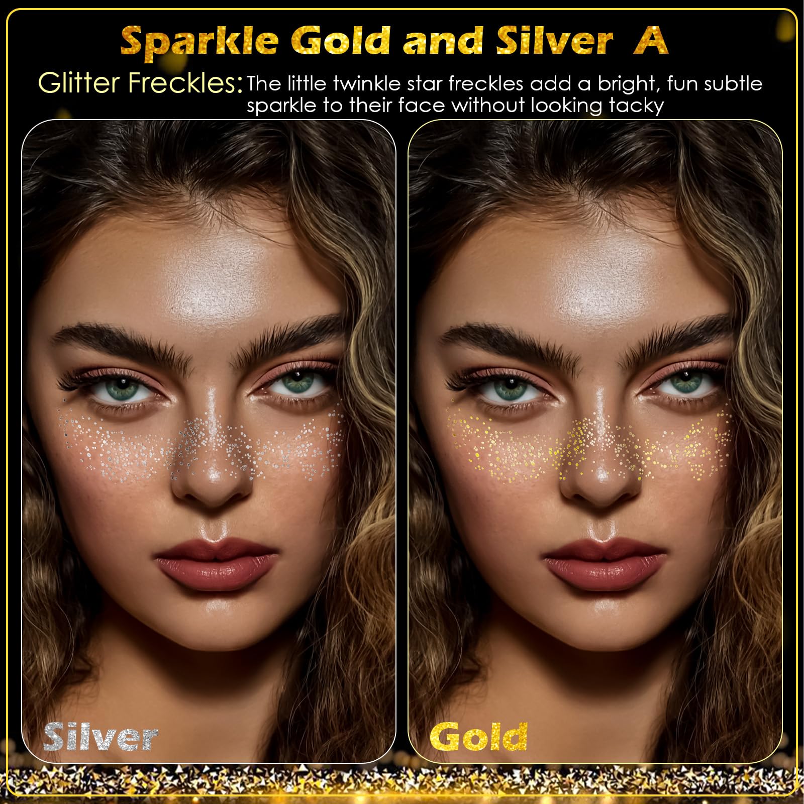 24 piezas de tatuajes faciales con purpurina dorada y plateada, pecas brillantes, parches de maquillaje con purpurina para el cuerpo y la cara, accesorios de maquillaje impermeables de larga duración 3