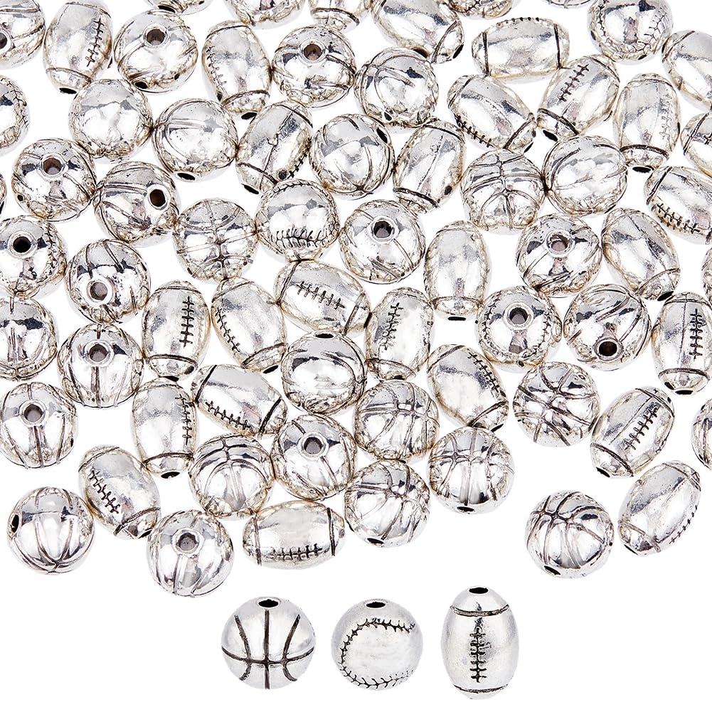 Hobbspring 72Pcs 3 Styles Baseball Beads Alloy Sports Beads Basketball Beads Rugby Beads Antique Silver Loose Spacer Beads for Necklace Bracelet
