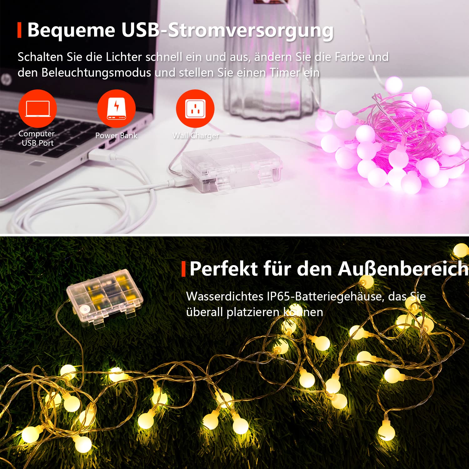 StarryEver 40 LED Lichterkette Batterie & USB, 6M 25 Farben RGBWW Globe Lichterketten Außen/Innen mit Fernbedienung Timer, Kugel Lichterkette für Weihnachten Garten Zimmer Kinderzimmer Klassenzimmer