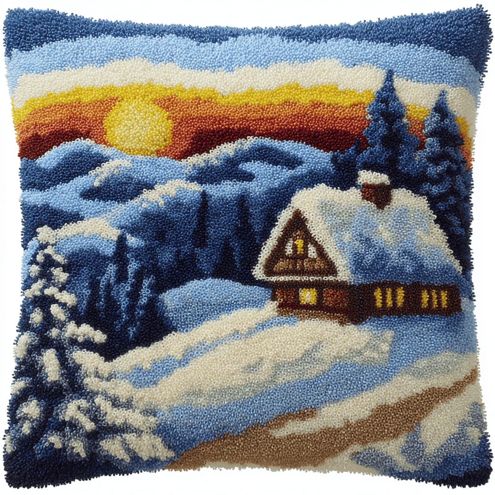 kitphoenix Complete Latch Hook Cushion Kit for Adults Snow Cabin