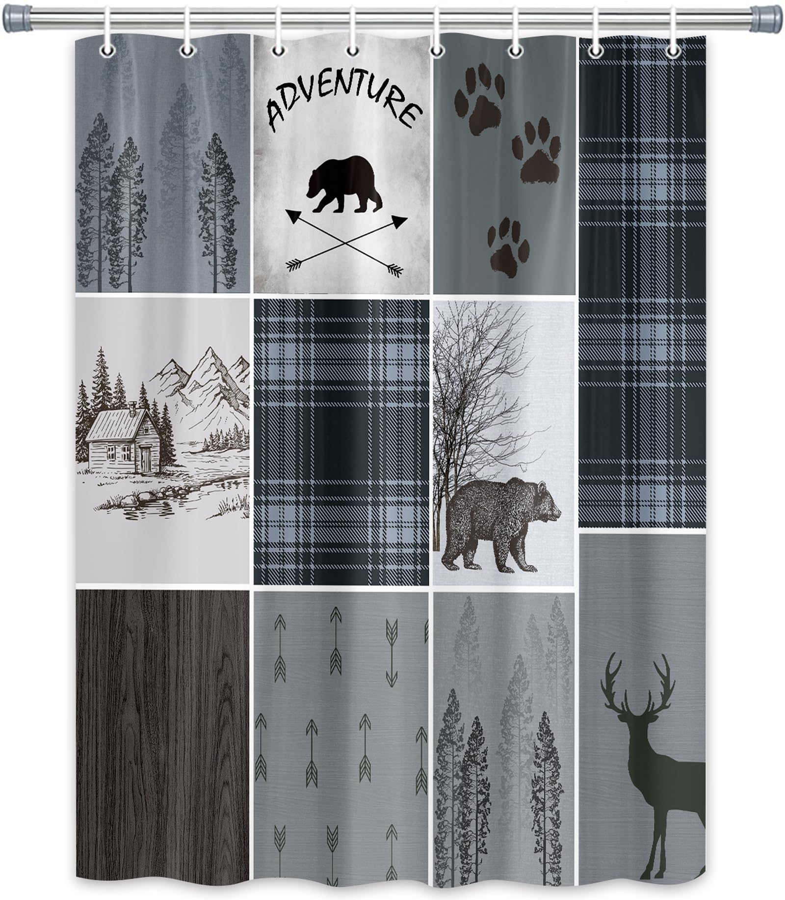 bzwcbei Rustic Cabin Bear Deer Shower Curtain, Country Blue Plaid Shower Curtain Set for Bathroom, Farmhouse Forest Nature Fabric Shower Curtain Restroom Bathtub Decor Accessories with Hooks (60x70)