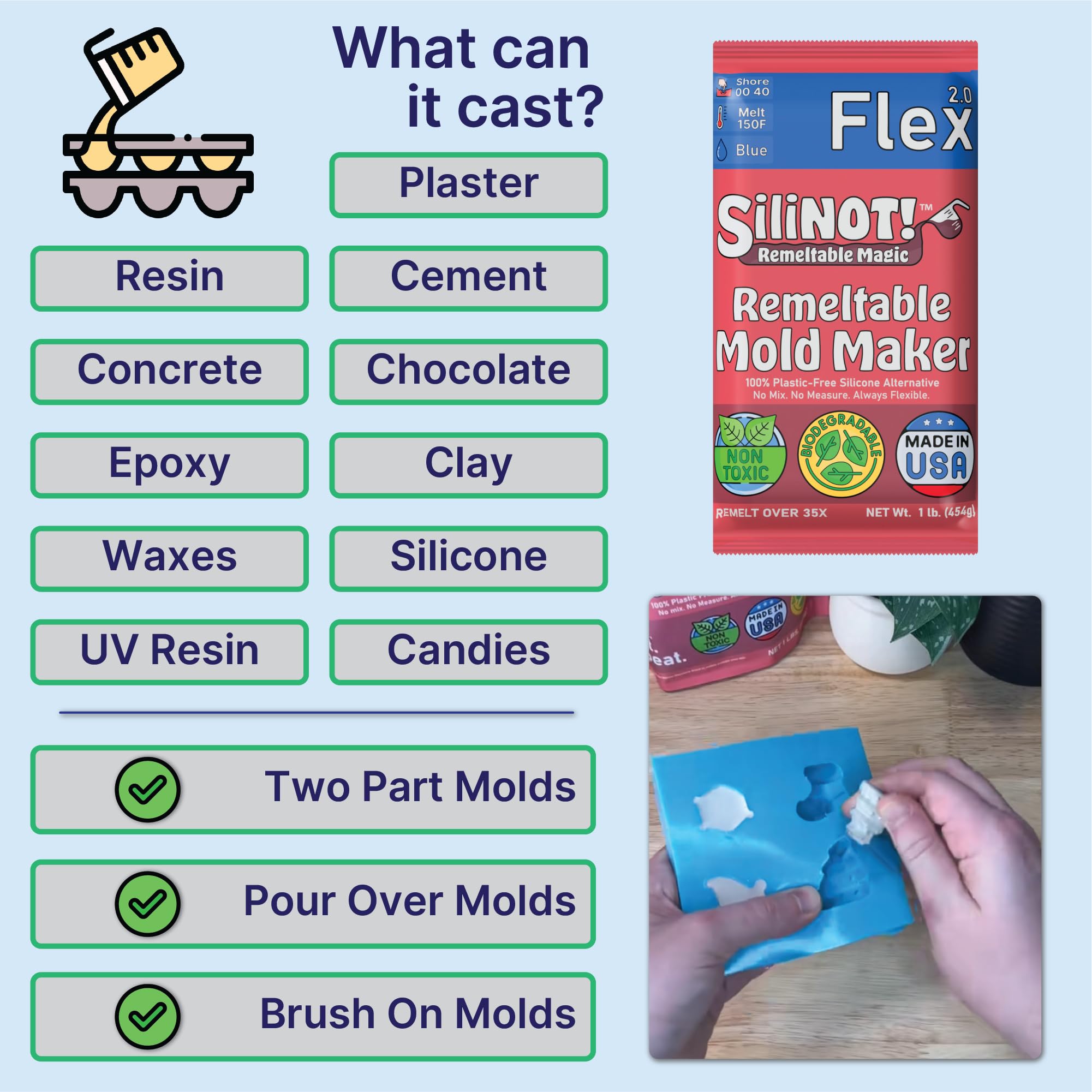 Kit de fabricación de moldes de silicona extraíble de 2 libras. - Más fácil que el molde de silicona. Reutilización 30x, sin mezcla, no tóxico, seguro para contacto con alimentos para moldes de yeso,