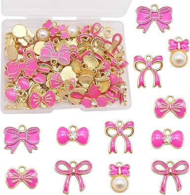 60 Pcs Bow Charms For Jewelry Making, Cute Girly Aesthetic Enamel Bow Charm Set, 6 Styles For Bracelets, Necklaces, Earrings, Keychains, Trendy Kawaii Coquette Ribbon Bows For DIY Crafts, Gifts