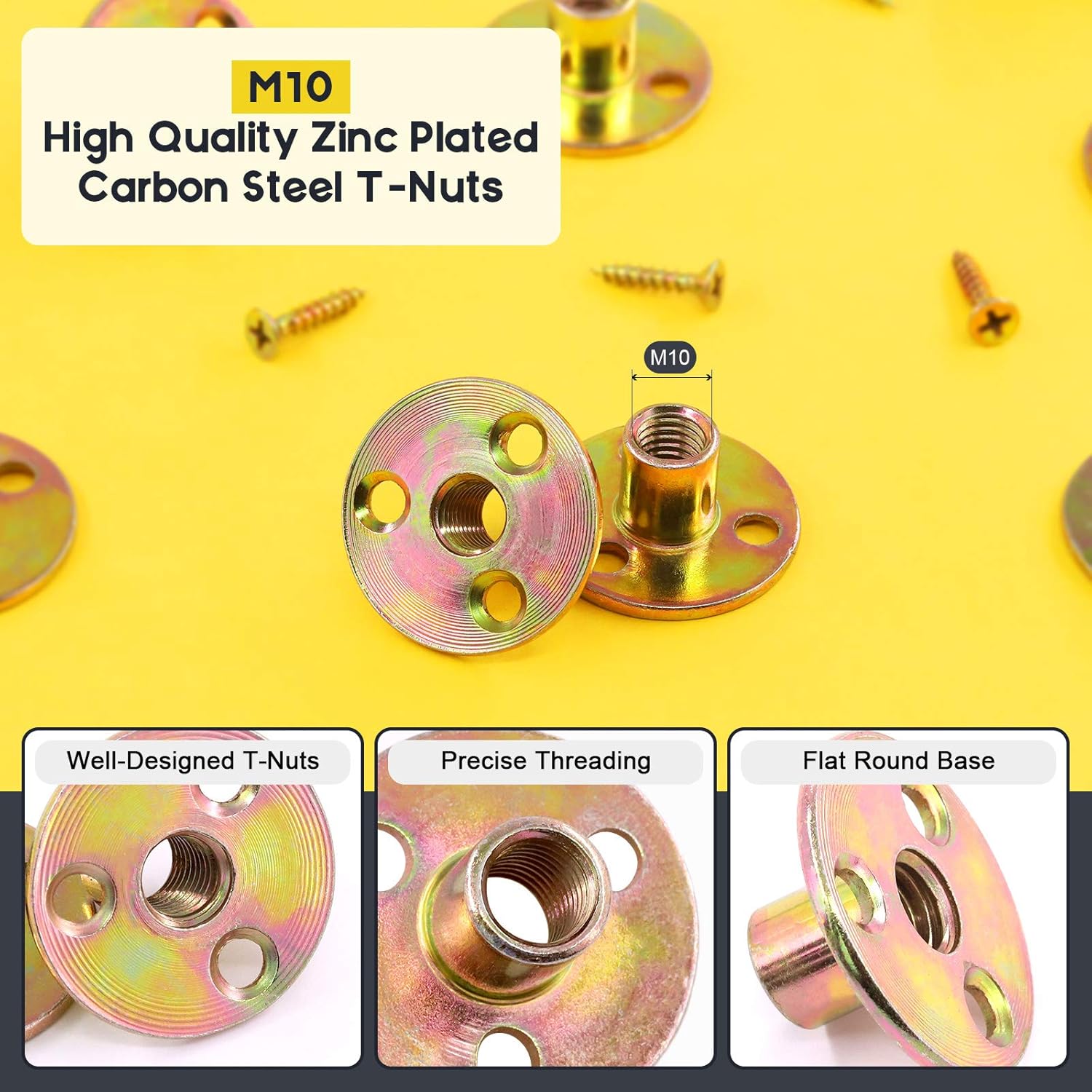 Mardatt 64Pcs M10 Brad Hole Tee Nut with Screws Set Carbon Steel T-Nuts Zinc Plated Round Base Female Thread Screw-in Furniture Hardware - Image 5