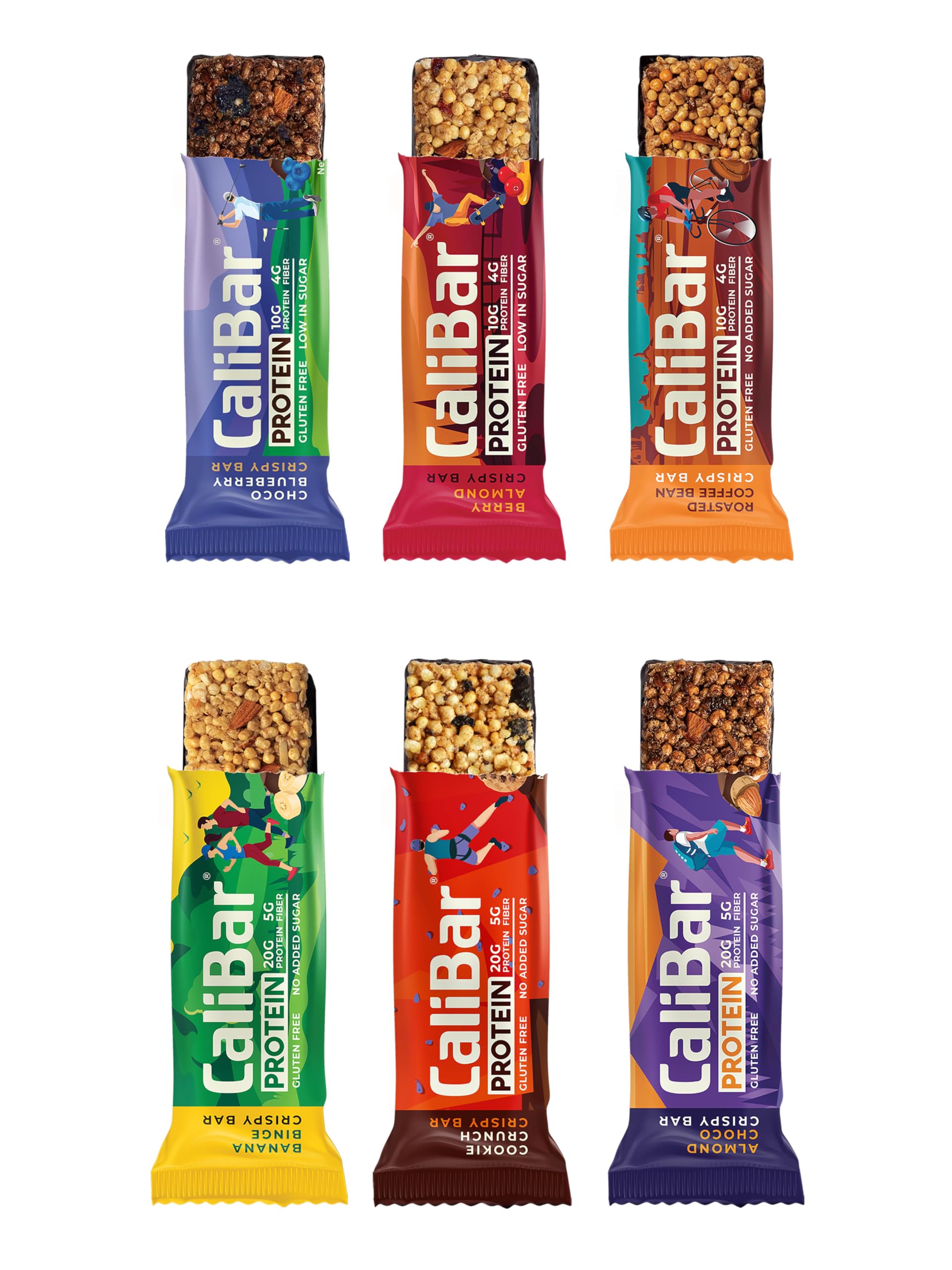 CaliBar Protein Bar Combo Pack - 6 Bars Almond Choco, Cookie Crunch, Banana Binge, Berry Almond, Roasted Coffee, Choco Blueberry | No Added Sugar, Gluten-Free, High Fiber, Delicious Taste, 100% Veg - Guilt-Free Snacking