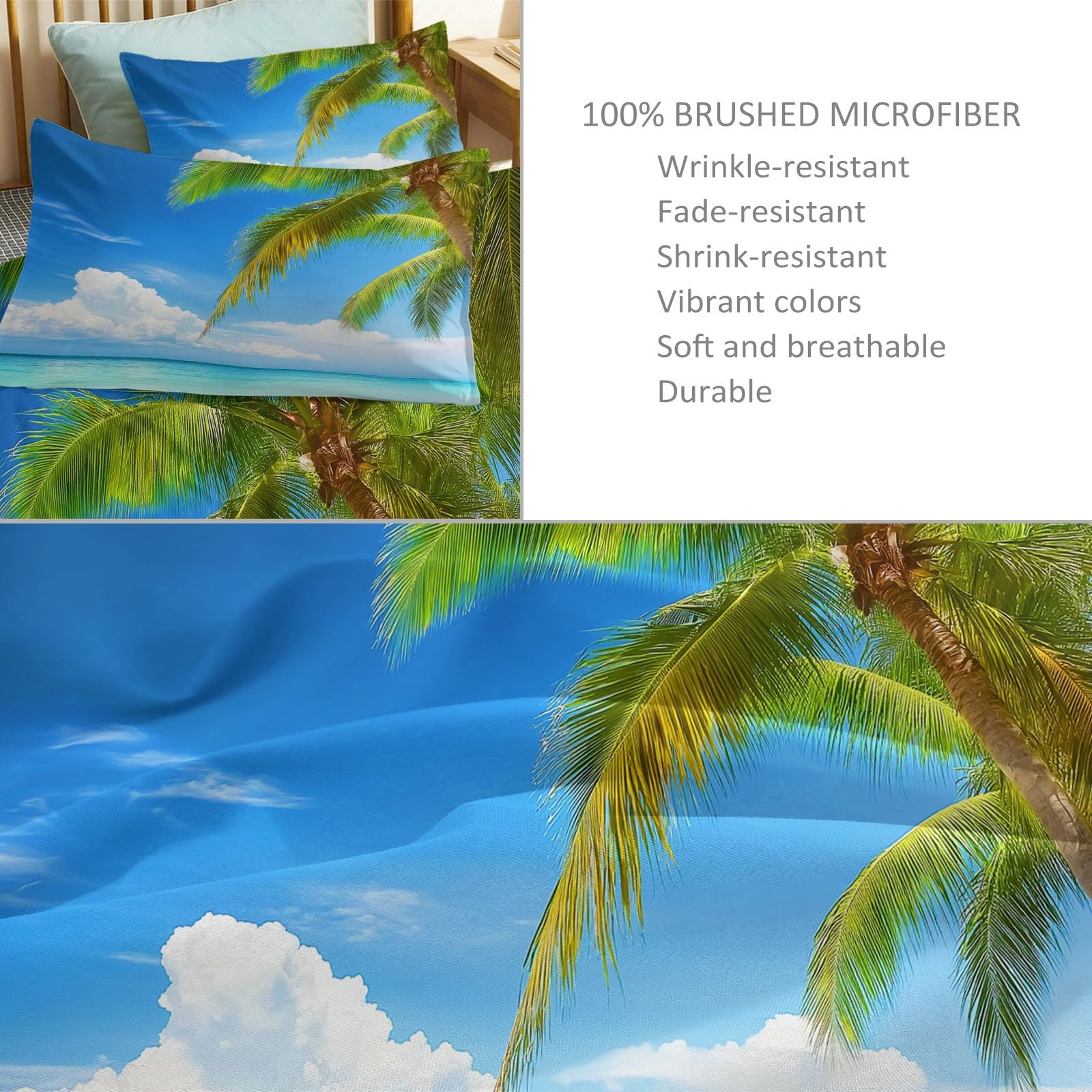 Generisch Bettwäsche Sets Dunkelblau Mikrofaser Mit Reißverschluss - 240 X 220 cm + 2 Kissenbezüge 80 X 80, Bettwäsche Tropischer Strand Mit Palmen, Bügelfrei & Knitterfrei Bettbezug