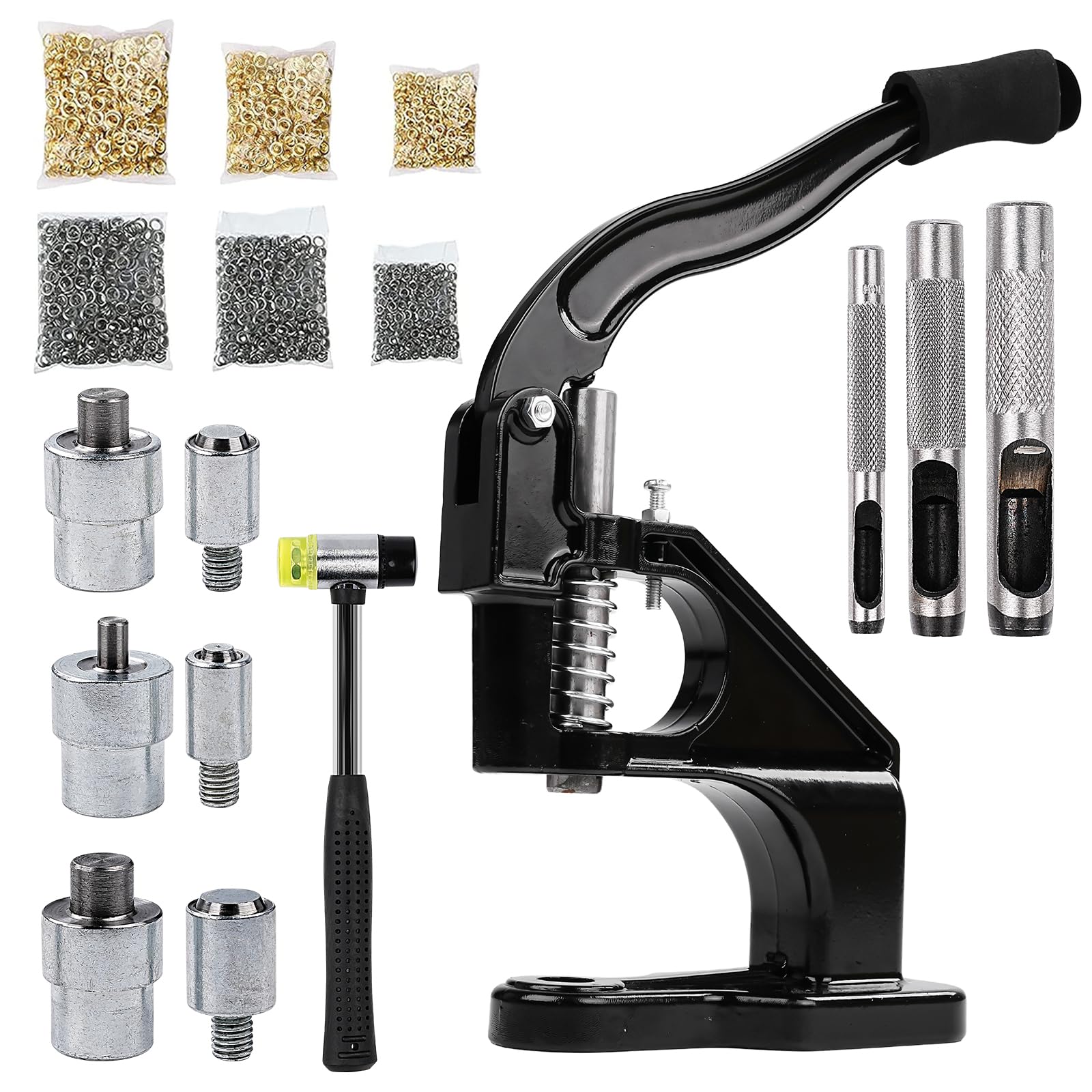 LetCartMaker Manual Grommet Eyelet Machine, DIY Hand Press Punch Tool Kit with 6/10/12mm Dies & 9000pcs Silver/Gold Grommets for Leathercraft, Fabric, Banners, Curtains, and Sewing Projects