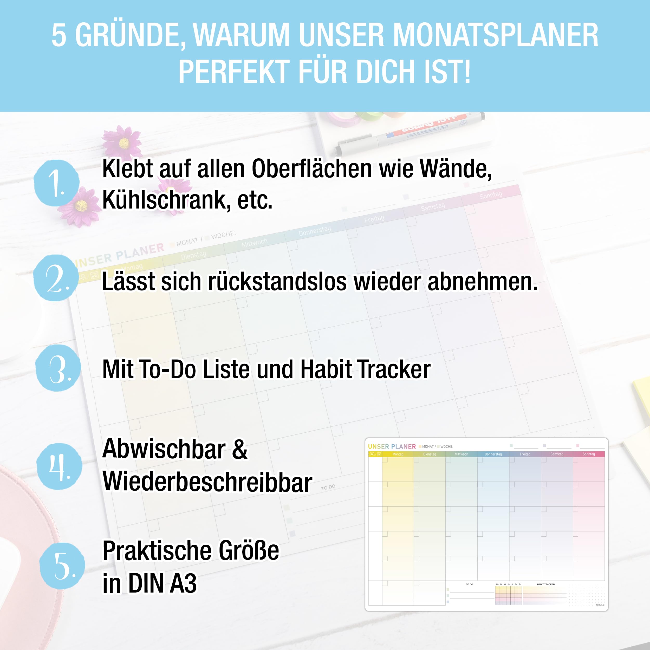 TOBJA Monatsplaner abwischbar – A3 selbsthaftender Wochenplaner – Whiteboard Planer für Wand, Kühlschrank & Tür – Familienkalender für bis zu 5 Personen - ohne Stift -