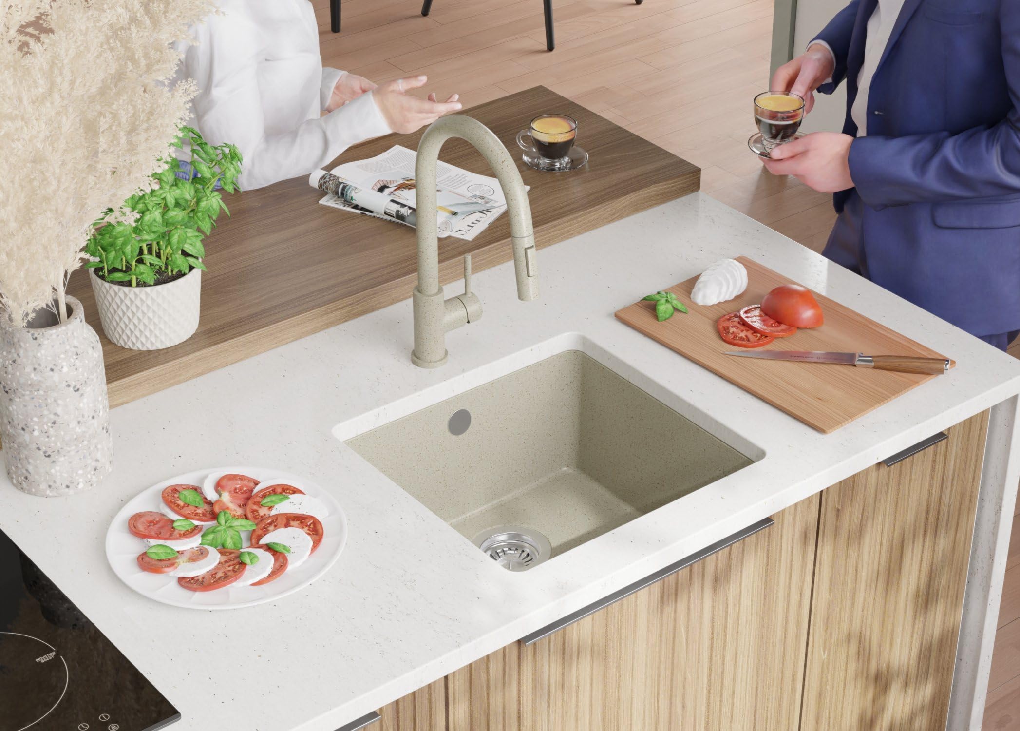 PRIMAGRAN Fregadero bajo Encimera Todo Beige - Venecia Easy, 46x44cm | Cocina 1 Seno + Sifón, Granito al Mueble 50cm (S036)