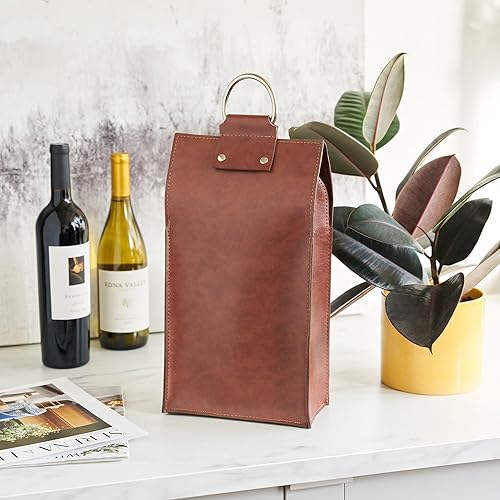 Miniatura 3 de Viski Bolsa de vino de cuero, bolsa de regalo de vino de piel sintética, cierre a presión, mango de acero inoxidable, capacidad para 2 botellas de