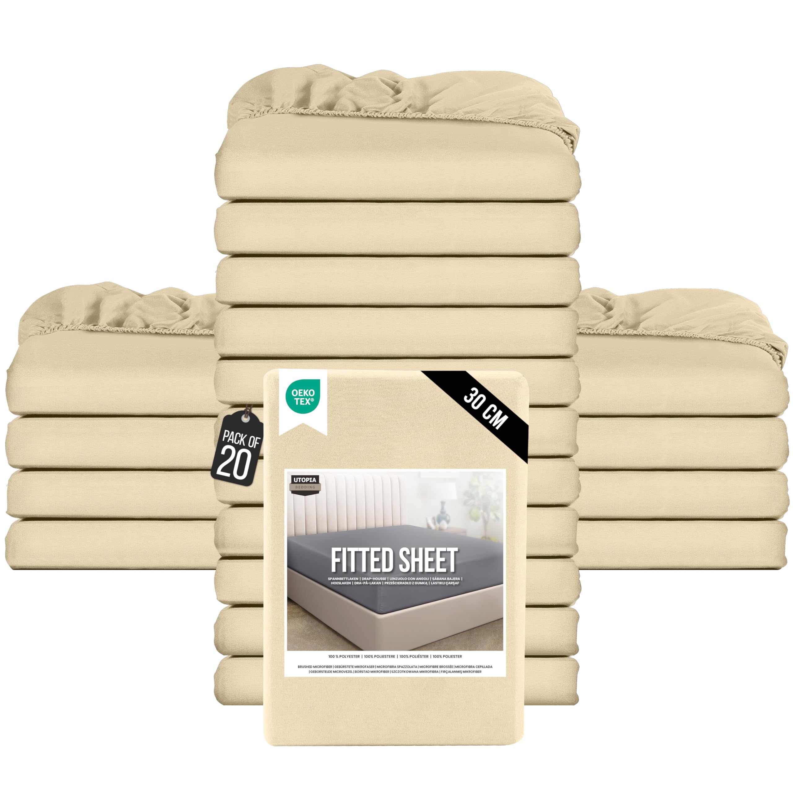 Utopia Bedding Double Fitted Sheet - Bulk Pack of 20 - Beige - 12 Inch (30cm) Deep - Easy Care - Soft Brushed Microfibre Fabric - Shrinkage and Fade Resistant - Bottom Sheet