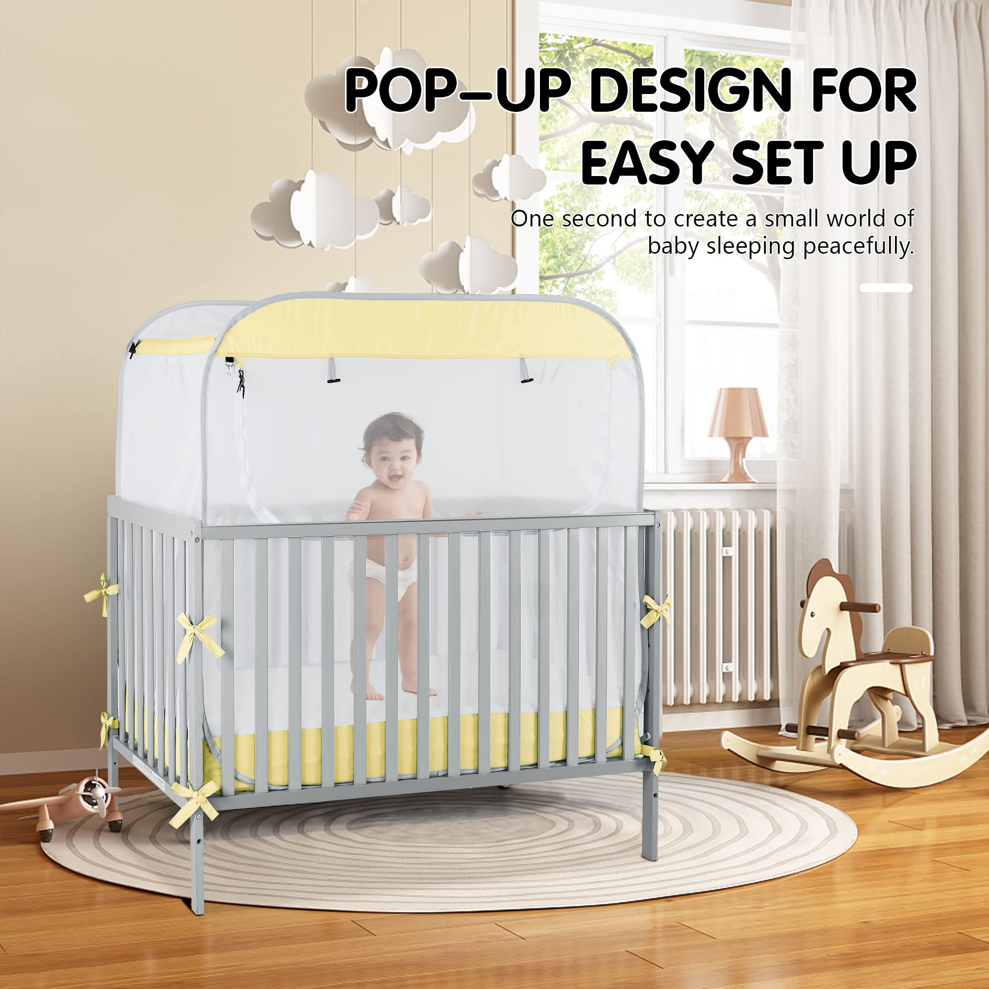 Premium Pop-Up Crib Tent — Safety Net Canopy To Prevent Climbing, Falls & Mosquitoes, Auto Lock, Sturdy Mesh