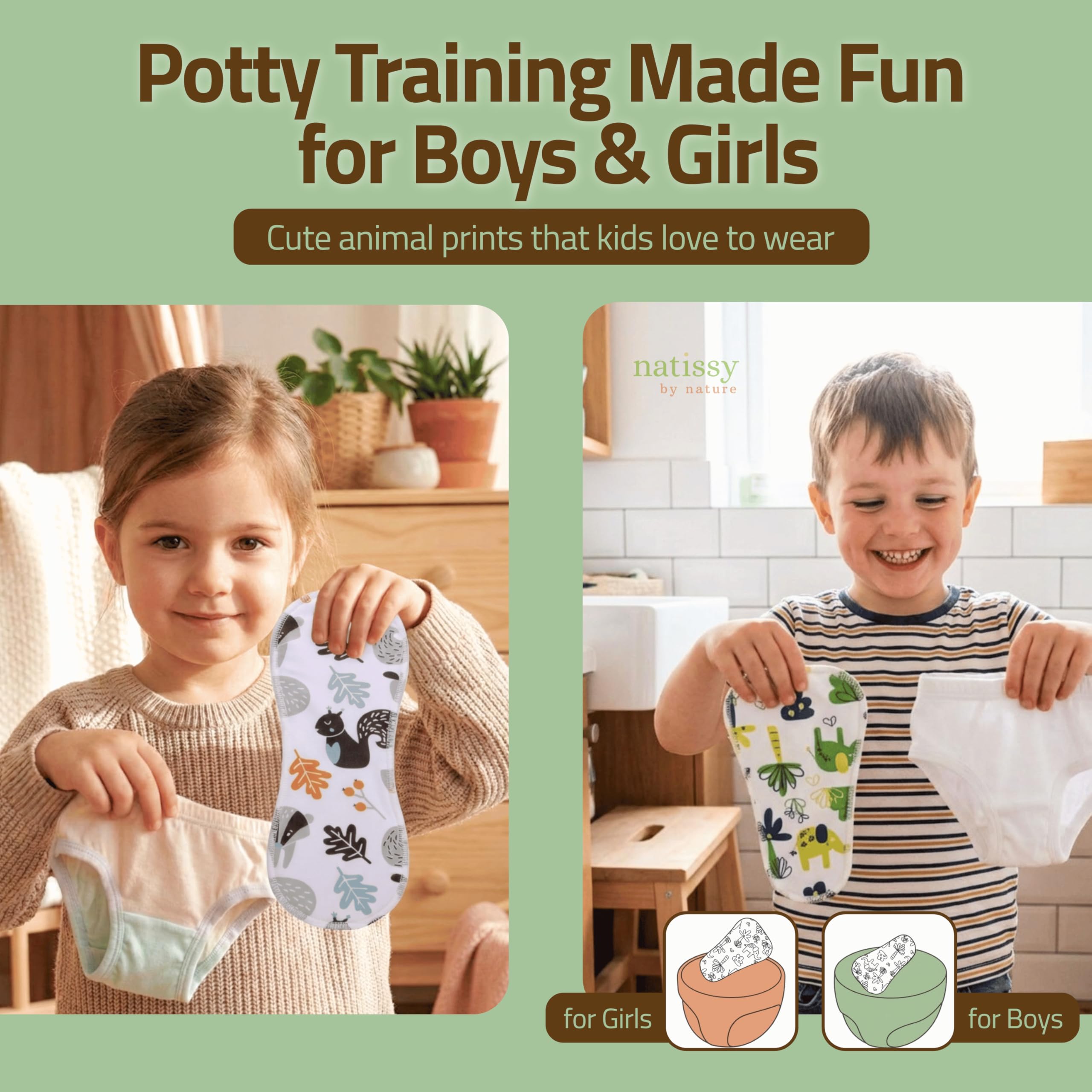 Natissy Inserti Lavabili per Spannolinamento Bambini, Lavabili, Morbidi, Assorbenti, Antifuga e Riutilizzabili in Cotone Biologico - Set 8 pz Daily + Secure - Made in EU