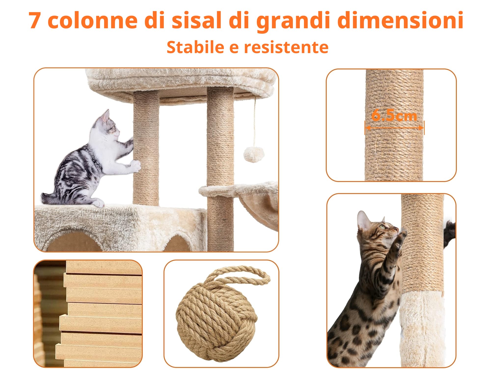 Tiragraffi per Gatti,145cm Alberi tiragraffi,tiragraffi gatto stabile multilivello,Alberi per attività per gatti con 7 pali in sisal, 5 piattaforme, 2 nidi per gatti Mobili per animali da interno