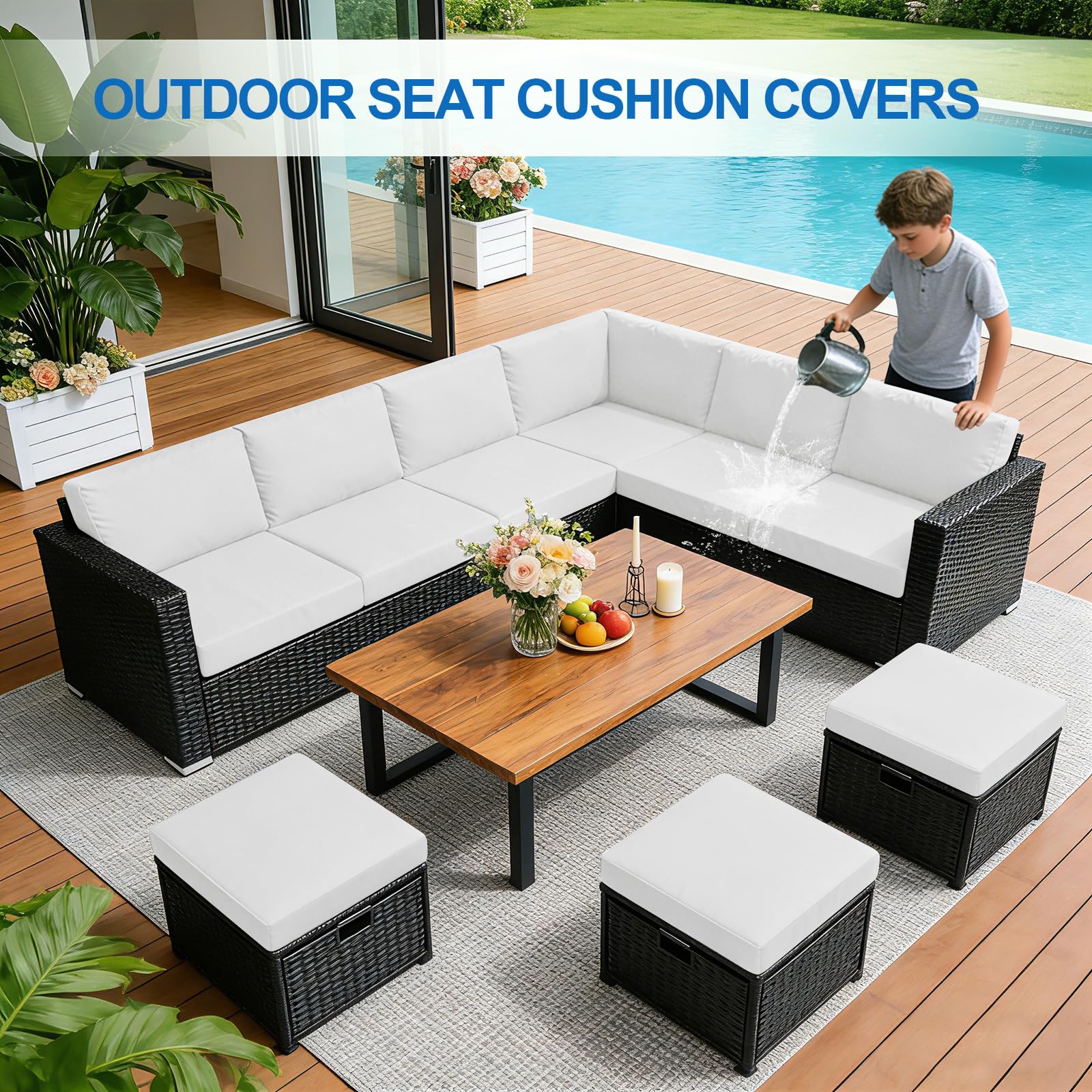 Waterproof Patio Cushion Covers 16pcs Set for Rattan Garden Corner Patio Dining Zipper Outdoor Cushion Covers Replacement Furniture (white,Set C (8pcs+8pcs))