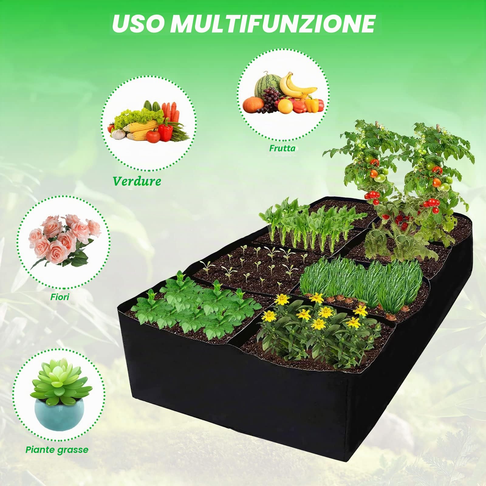 GAESHOW 2 Pezzi Cassoni Orto in Terrazzo con 8 Scomparti, Letto da Giardino Rialzato in Tessuto, Fioriera da Esterno di Traspirante, Orto Rialzato, Sacchi per Piante per Fragole Pomodori