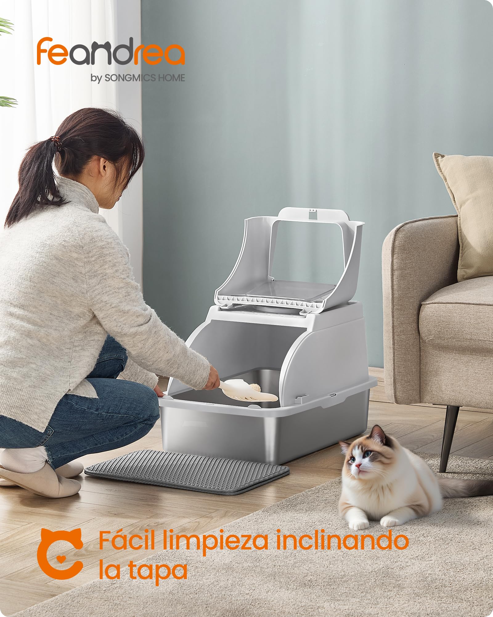 Feandrea Arenero para Gatos de Acero Inoxidable, Caja de Arena Cerrada con Tapa Abatible y Entrada Doble, Control de Olores, 61 x 40 x 36,5 cm, Gris, Colección Boxal PPT005G201