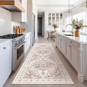 Madane Runner Rug 2x8, Washable Hallway Runner Rugs, Non-Slip Low-Pile Soft Kitchen Rug Runner Laundry Room Rug, Vintage Throw Entry Foyer Mat for Entrance Living Room (Pink, 2 x 8)