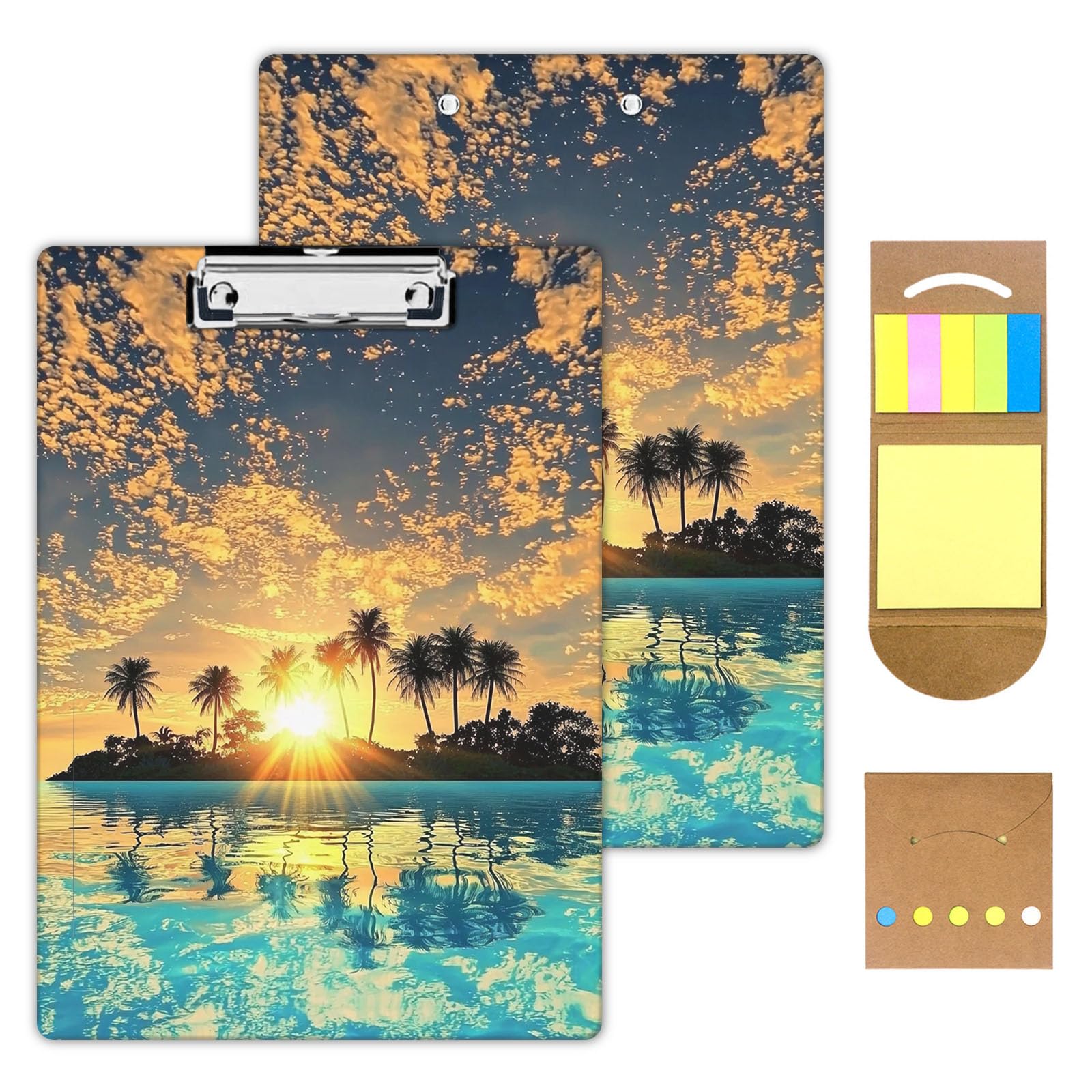 KUJKBFWJ Acrylic Clipboards with Sticky Note, A4 Letter Size Durable Cute Clip Board 9x12.5, for Students, Nursing, School and Office, with Low Profile Clip & Hanging Loop, Sunset Sea Level