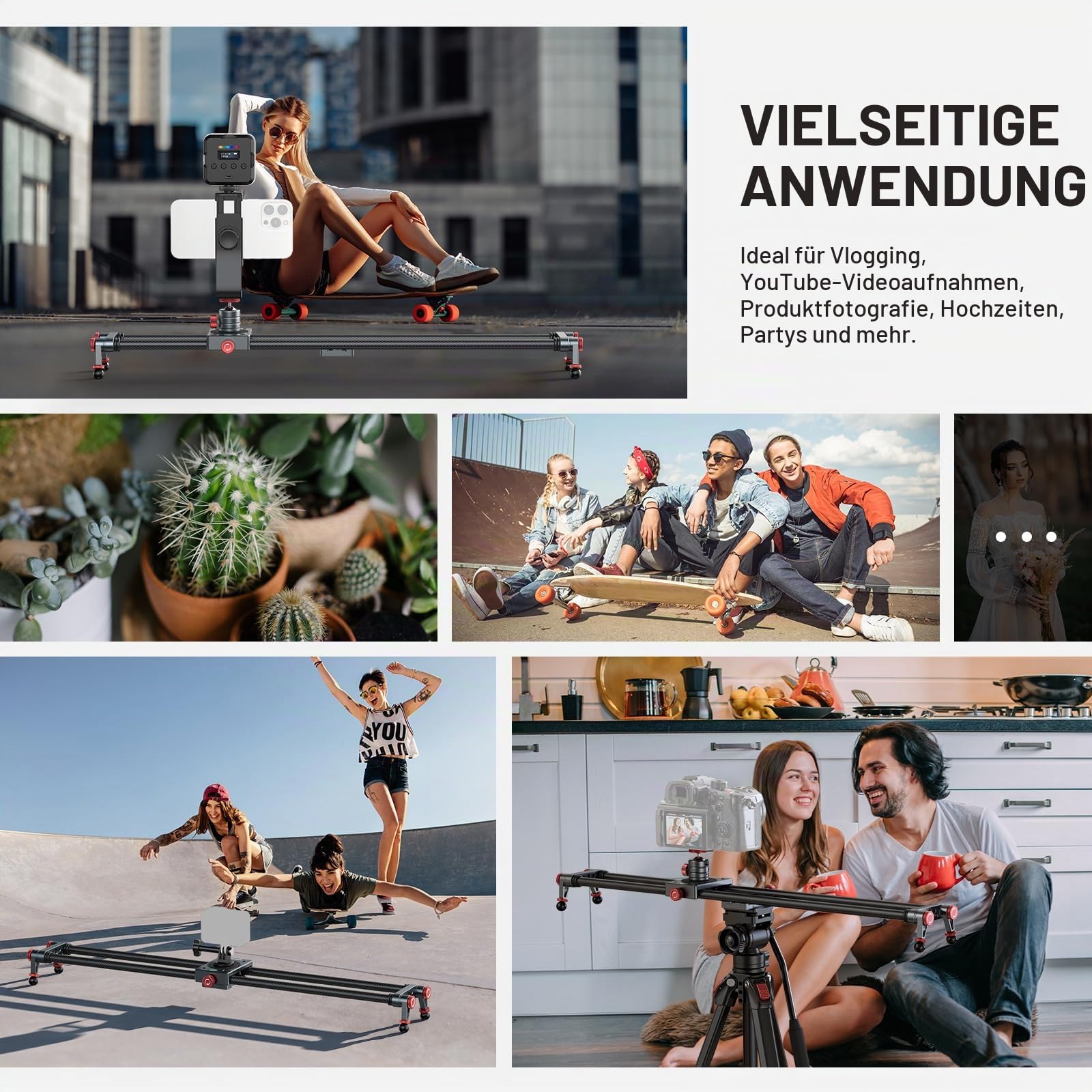 NEEWER 60cm Kohlefaser Kamera Slider Dolly Slider Schiene mit 360° Kugelkopf/Handyklemme/Action Kamera Halterung, 4 Lagern und verstellbaren Beinen, kompatibel mit GoPro Insta360 iPhone Android, CS2M