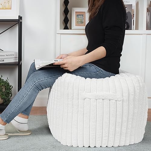 Miniatura 6 de AELS Unstuffed - Funda para puf moderna para sala de estar, puf de almacenamiento moderno de mediados de siglo, cubos, de piel sintética blanca