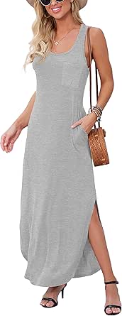 GRECERELLE Women's Sleeveless Summer Long Cover Up Slit Casual Floral Print Maxi Dresses with Pocket