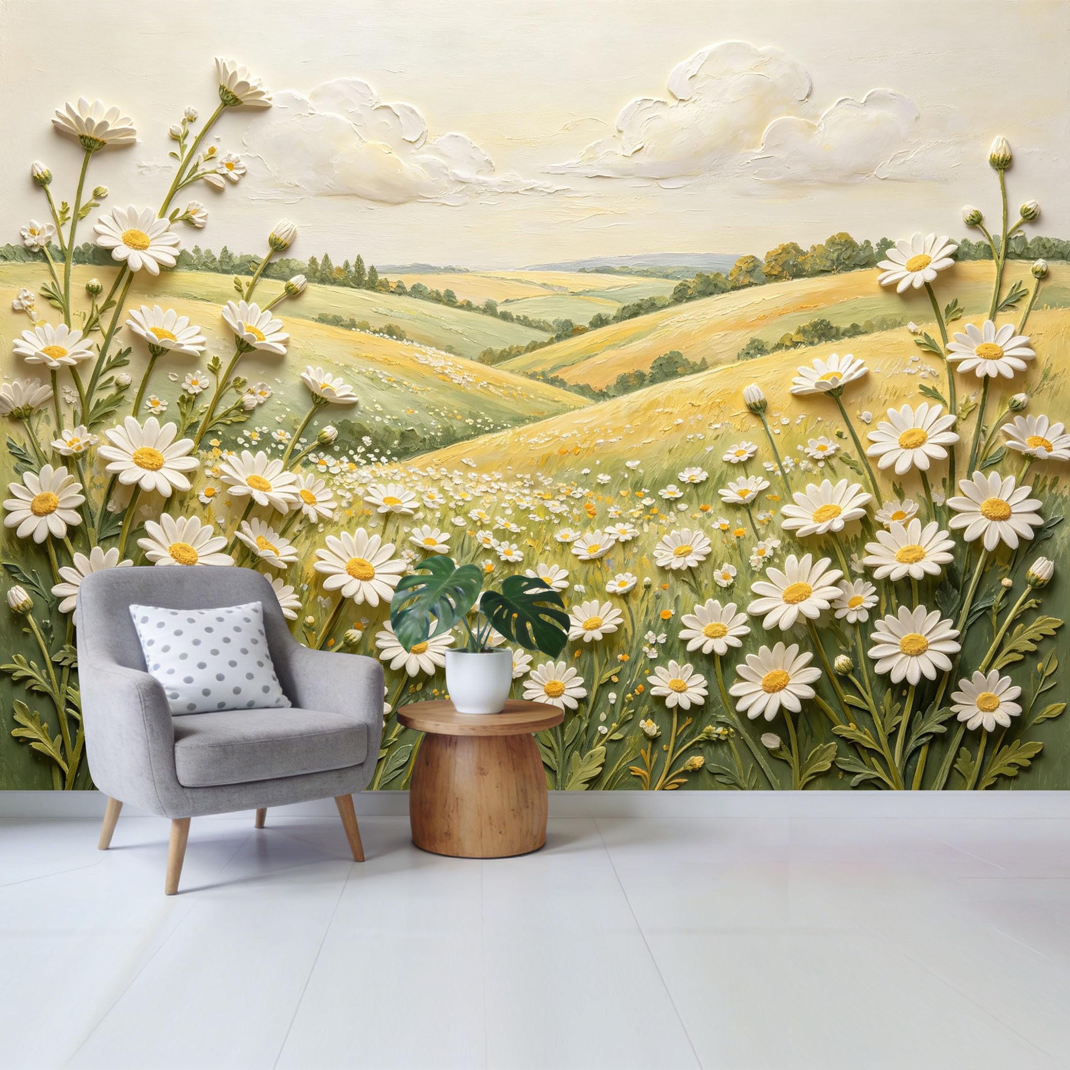 Qzlithotic Yq2605250696 Custom Size Wall Mural Impressionist Daisy Field Landscape Texture Oil Painting Selfadhesive Wall Fabric Removable Wallpaper For Home Office Decor