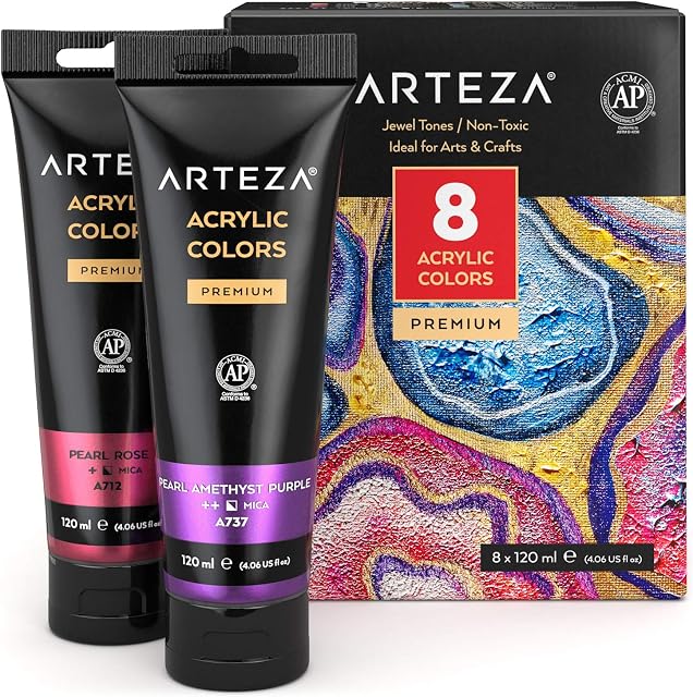 ARTEZA Metallic Acrylic Paint, Set of 8 Jewel Tones Colours in 120 ml Tubes, Rich Pigments, Non Fading, Non Toxic Paints for Artists & Hobby Painters, Art Supplies for Canvas Painting & Crafts