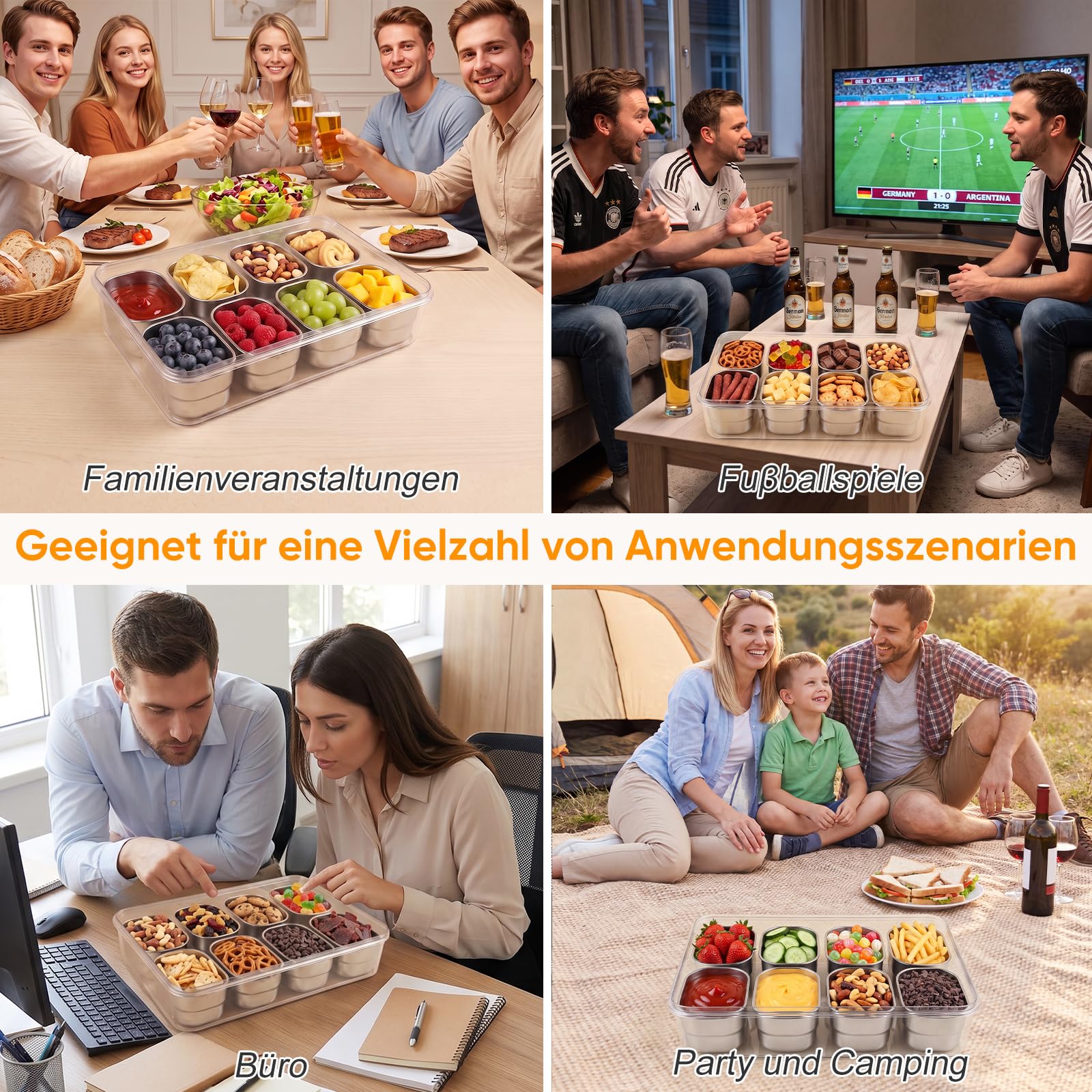 Edelstahl Snackbox mit 8 Fächern – Tragbare Box mit Deckel & Griff, auslaufsicher, luftdicht, spülmaschinenfest – für Snacks, Süßes, Kekse, Gemüse, Nüsse, Obst & Gewürze – Ideal für Picknick & Reise