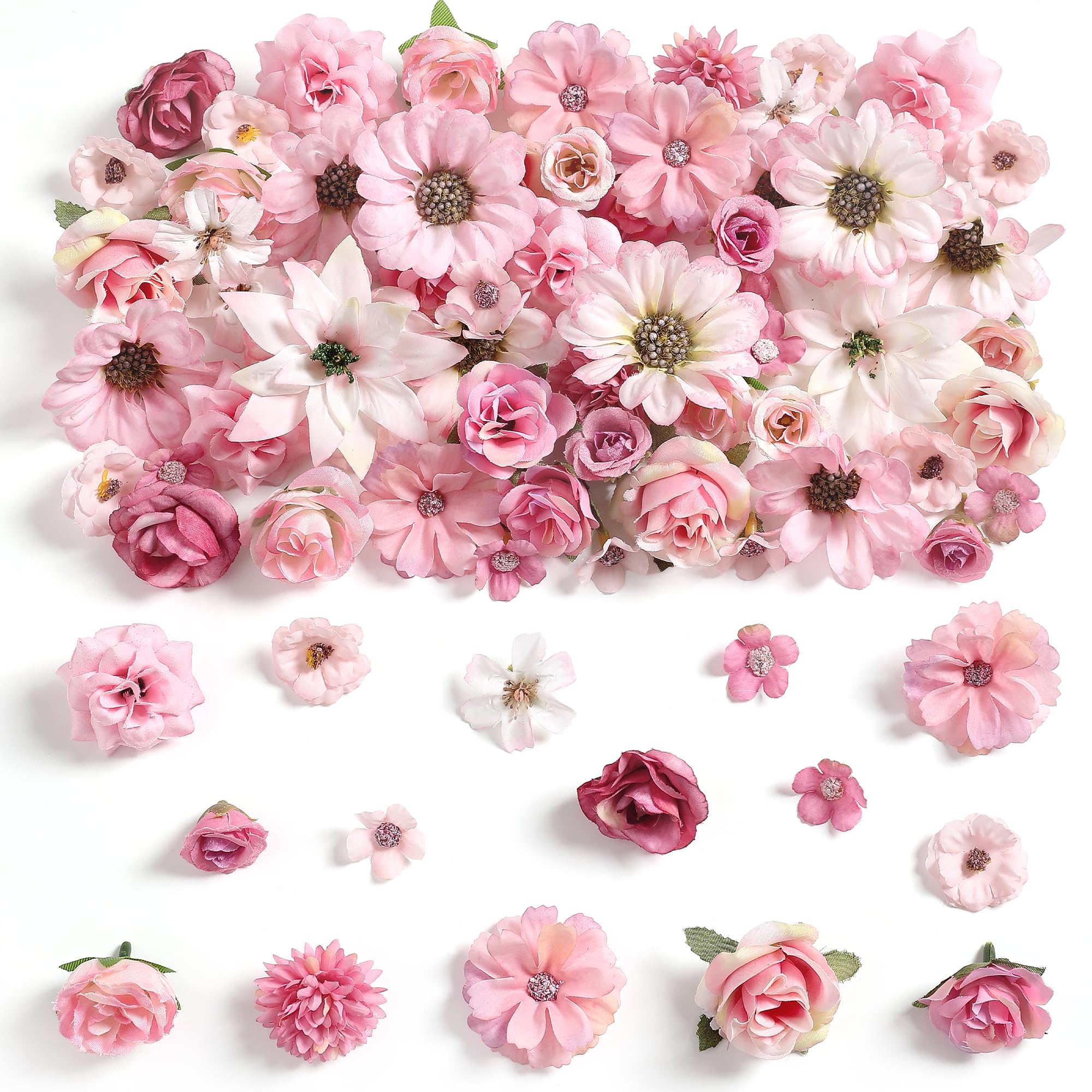 rongflower Mini Artificial Flowers for Crafts, 90 Pcs Rose Pink Silk Fake Flowers Assorted Faux Roses Peonies Daisies Bulk for Wedding Decor Graduation Cap Cake Topper Baby Shower Home DIY