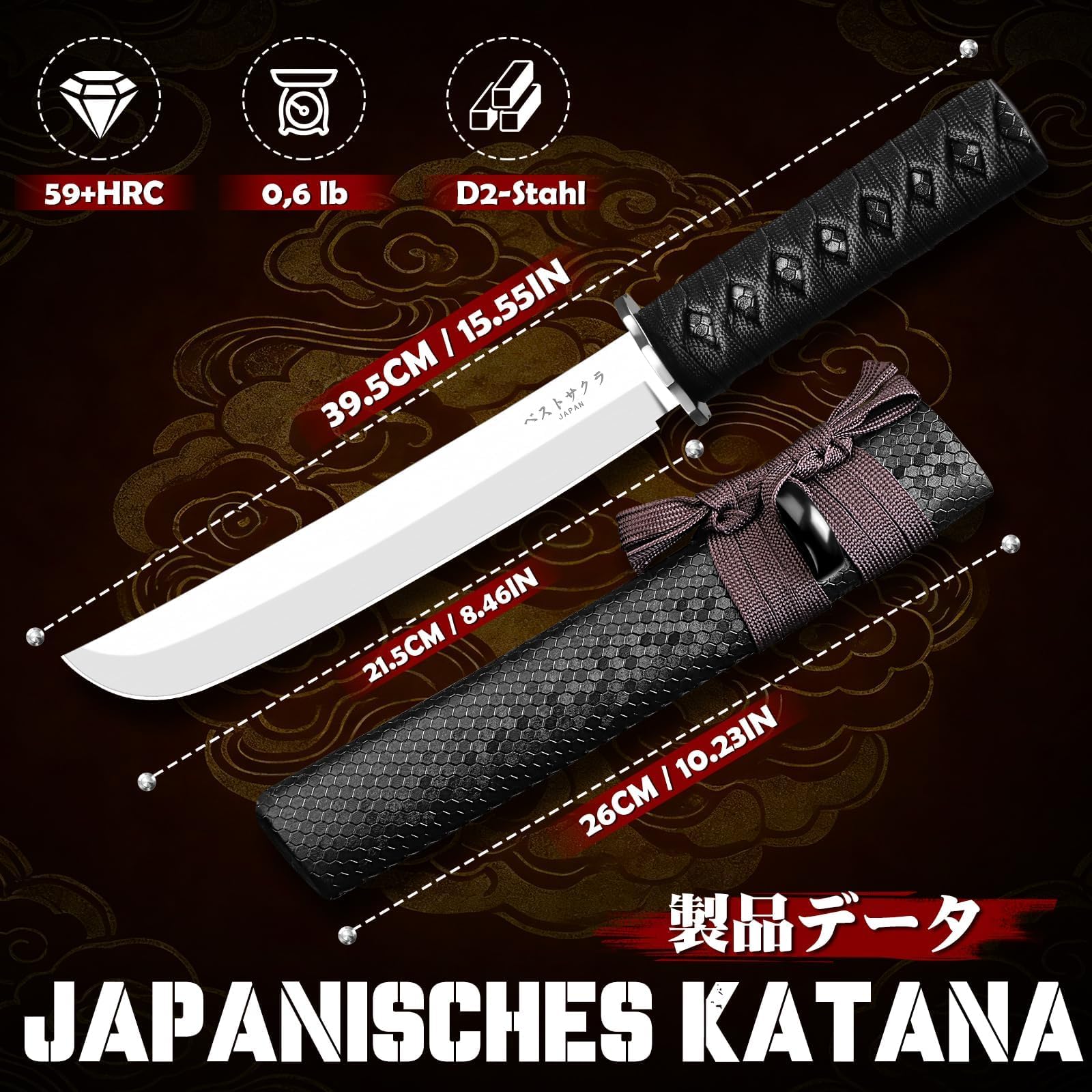 Purple Dragon Messer Outdoor Japan - D2 Samurai Messer mit Holzscheide | Aus einem Stück D2 Stahl handgeschmiedet, Hishimaki-Griff, Holzscheide, japanisches Geschenk für Männer, Camping, Bushcraft