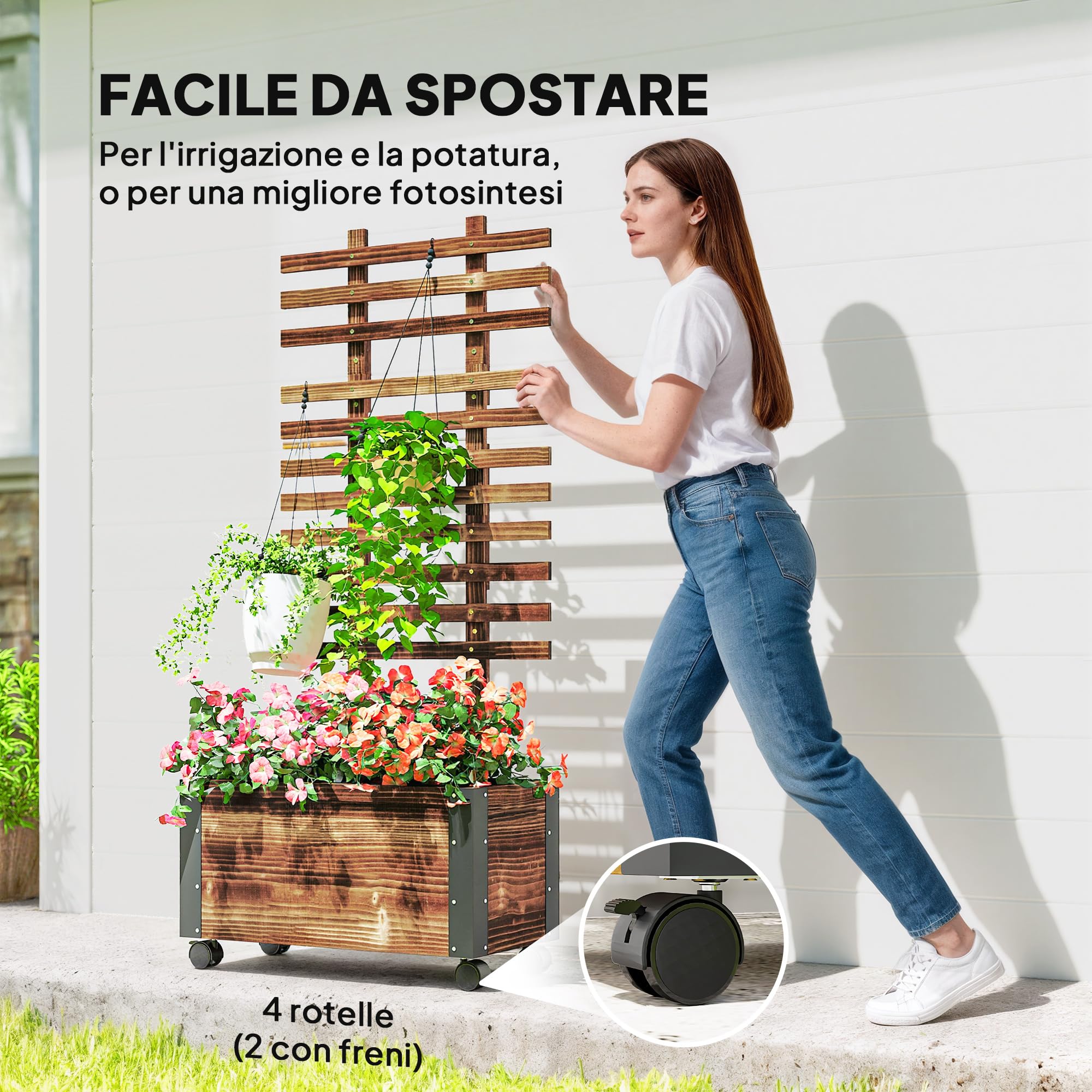 Outsunny Fioriera con Traliccio per Rampicanti e Rotelle, Fioriera in Legno di Abete con Design Autodrenante, 65x31x147 cm, Marrone Carbonizzato