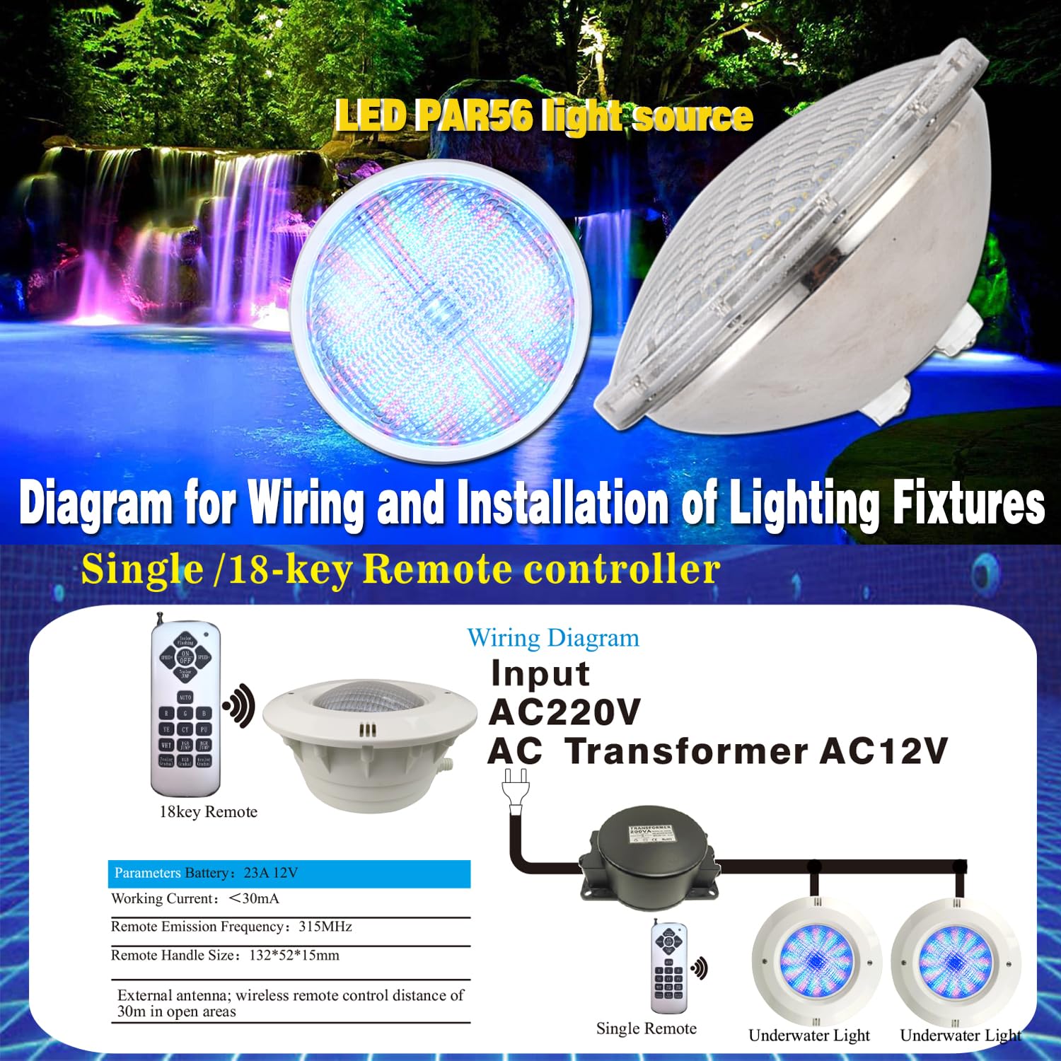BARCELONA LED Lampadina LED Piscina PAR56 RGB 24W AC12V IP68 Subacquea con Telecomando Ø178mm Luce LED Subacquea SMD2835 per Piscine, Spa, Fontane, Hotel e Giardini