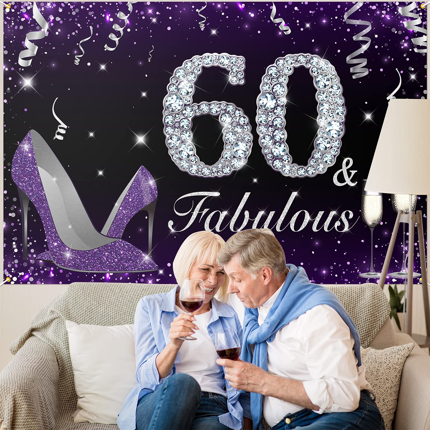 HAMIGAR 1,8 x 1,2 m Happy 60th Birthday Banner Hintergrund – 60 & Fabulous Heels Geburtstag Dekorationen Partyzubehör für Frauen – Lila