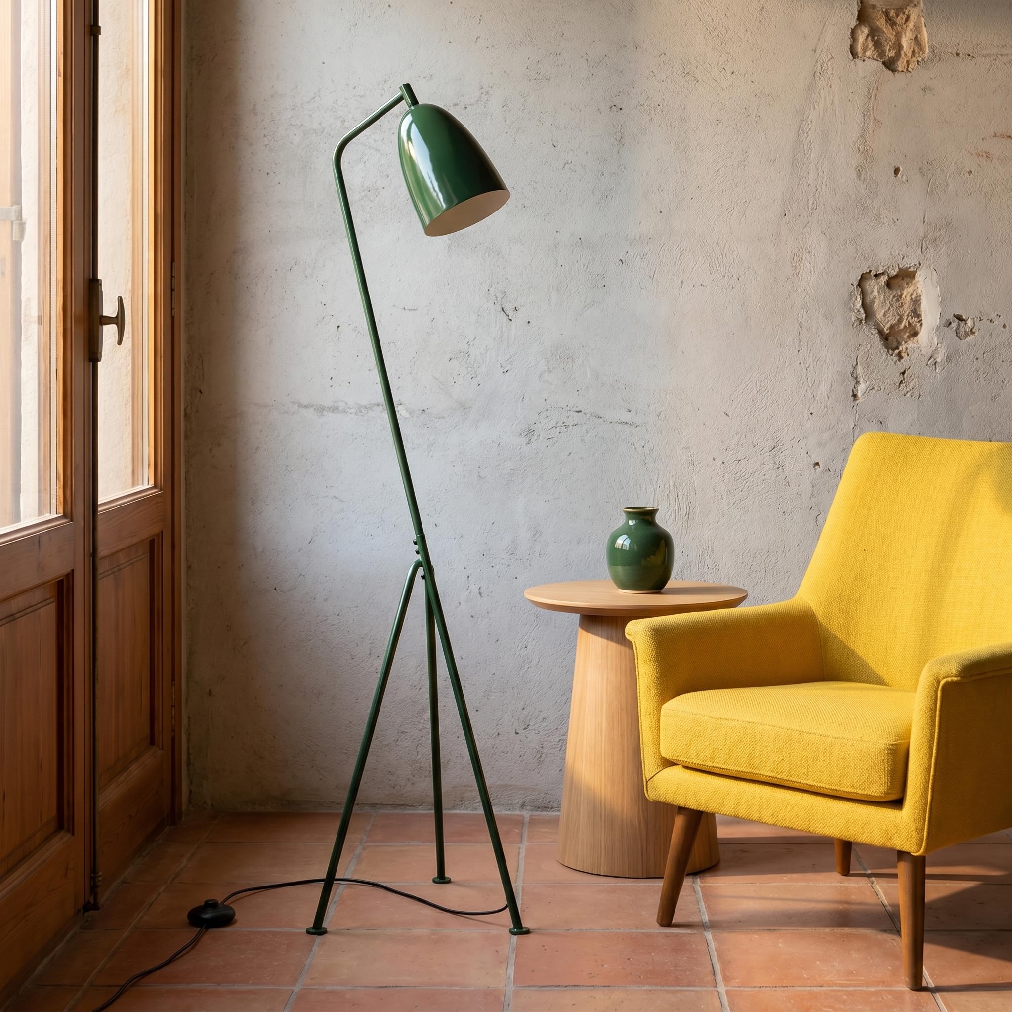 BARCELONA LED Lámpara de Pie de Diseño Shoppen Verde, Lámpara Trípode Mid Century Moderna, Pantalla Orientable E27, Lámpara de Lectura Nórdica Vintage para Salón Dormitorio Oficina, 160cm